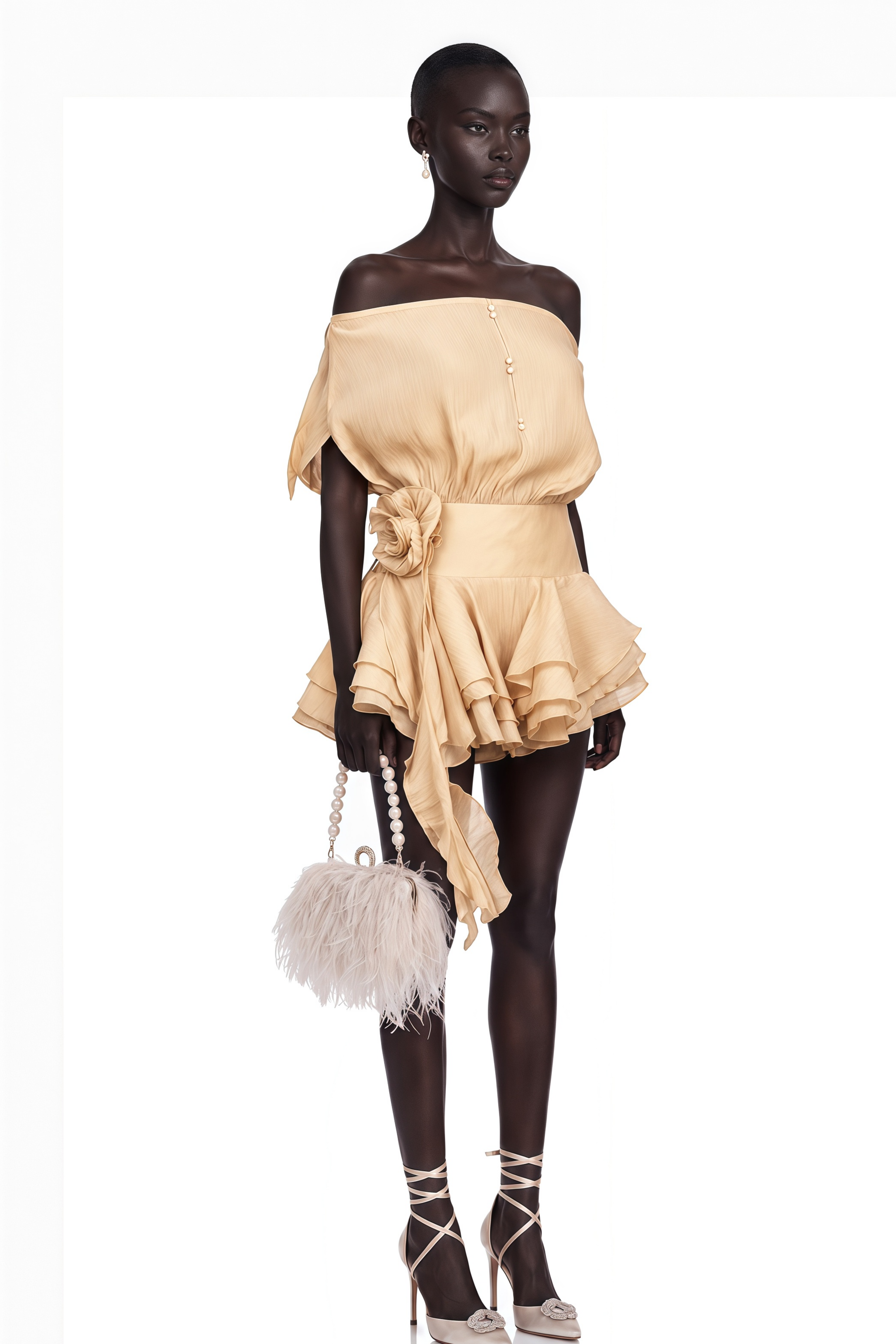 Amélie Floral-Appliqué Flounced Mini Dress in Neutrals