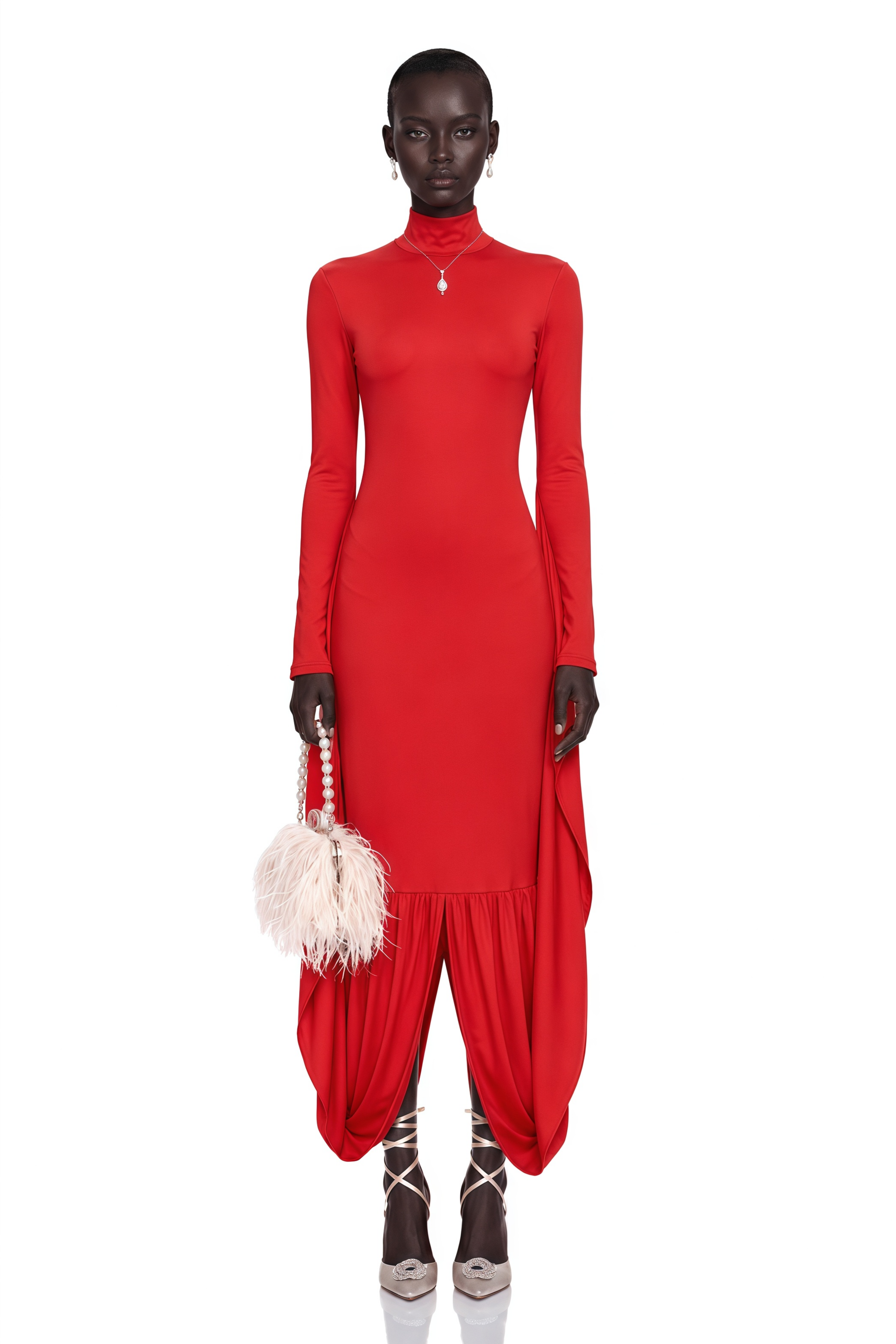 Camila Red Bodycon Midi Dress with Gathered balloon hem