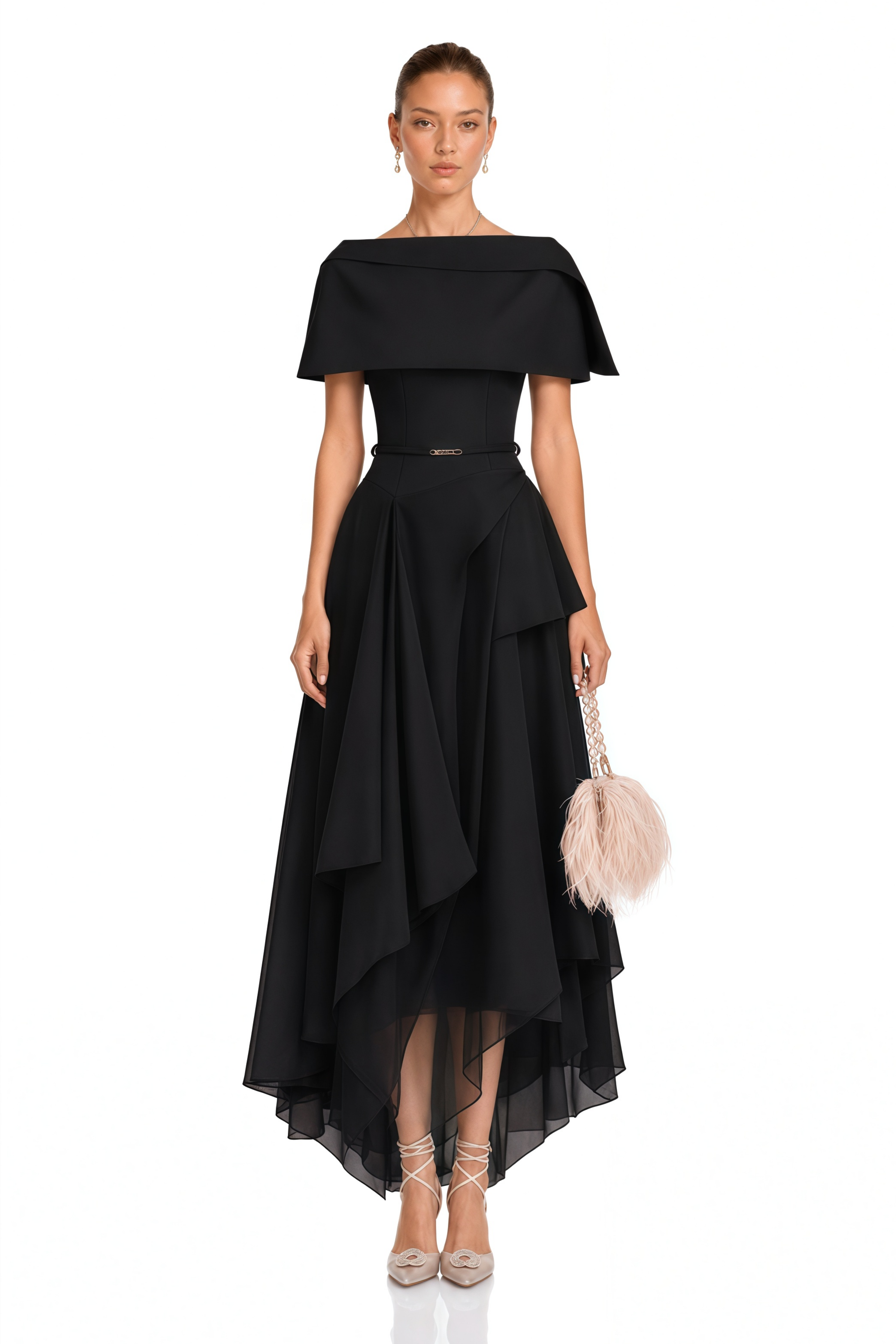 Aria Black Asymmetrical Shawl & Tulle Panel Dress Set