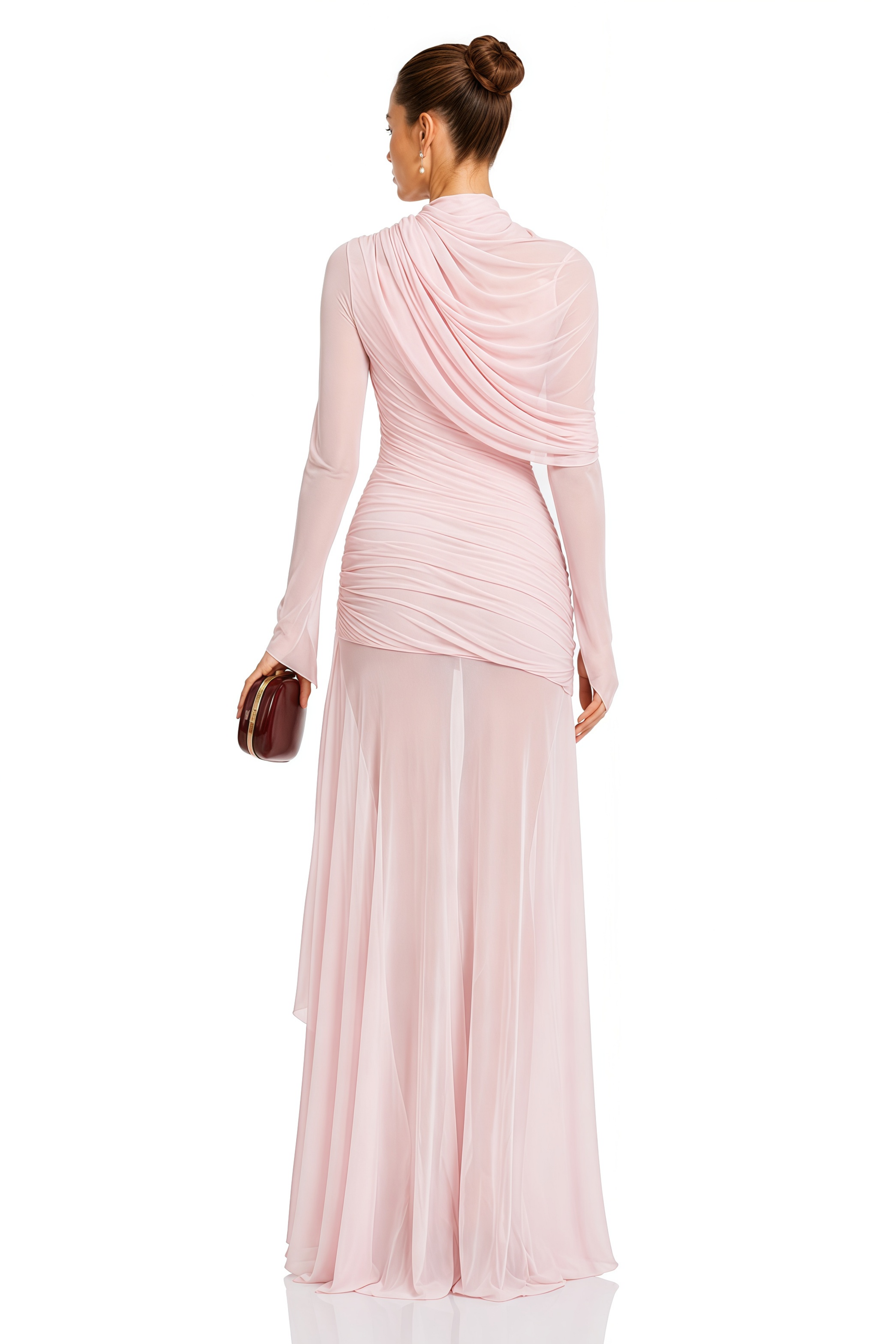 Garance Pink Asymmetrical Ruched Mesh Maxi Dress