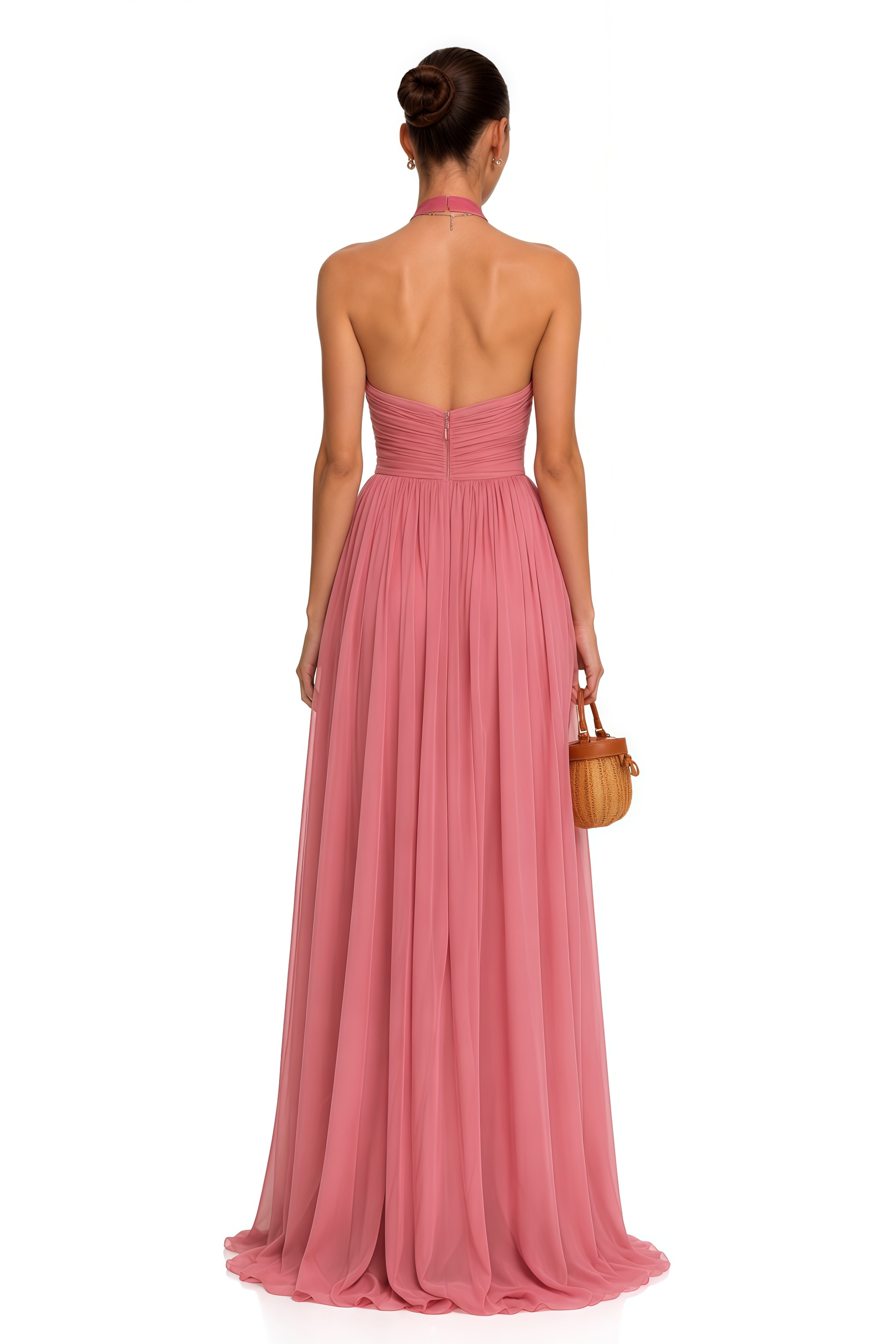 Macioci Pink Halterneck Ruched Maxi Dress with Criss Cross Front