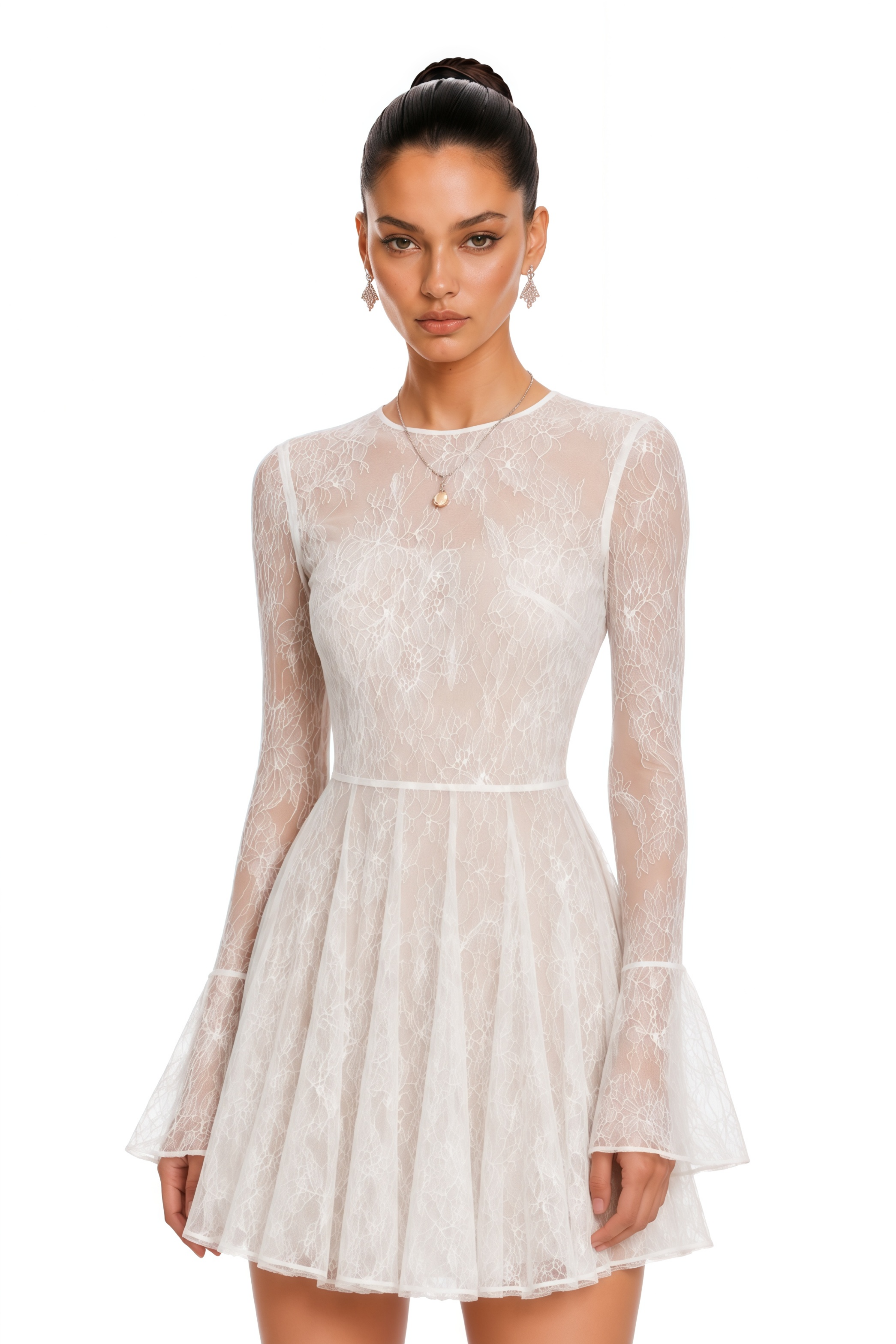 Fernanda White Pleated Floral Lace Mini Dress