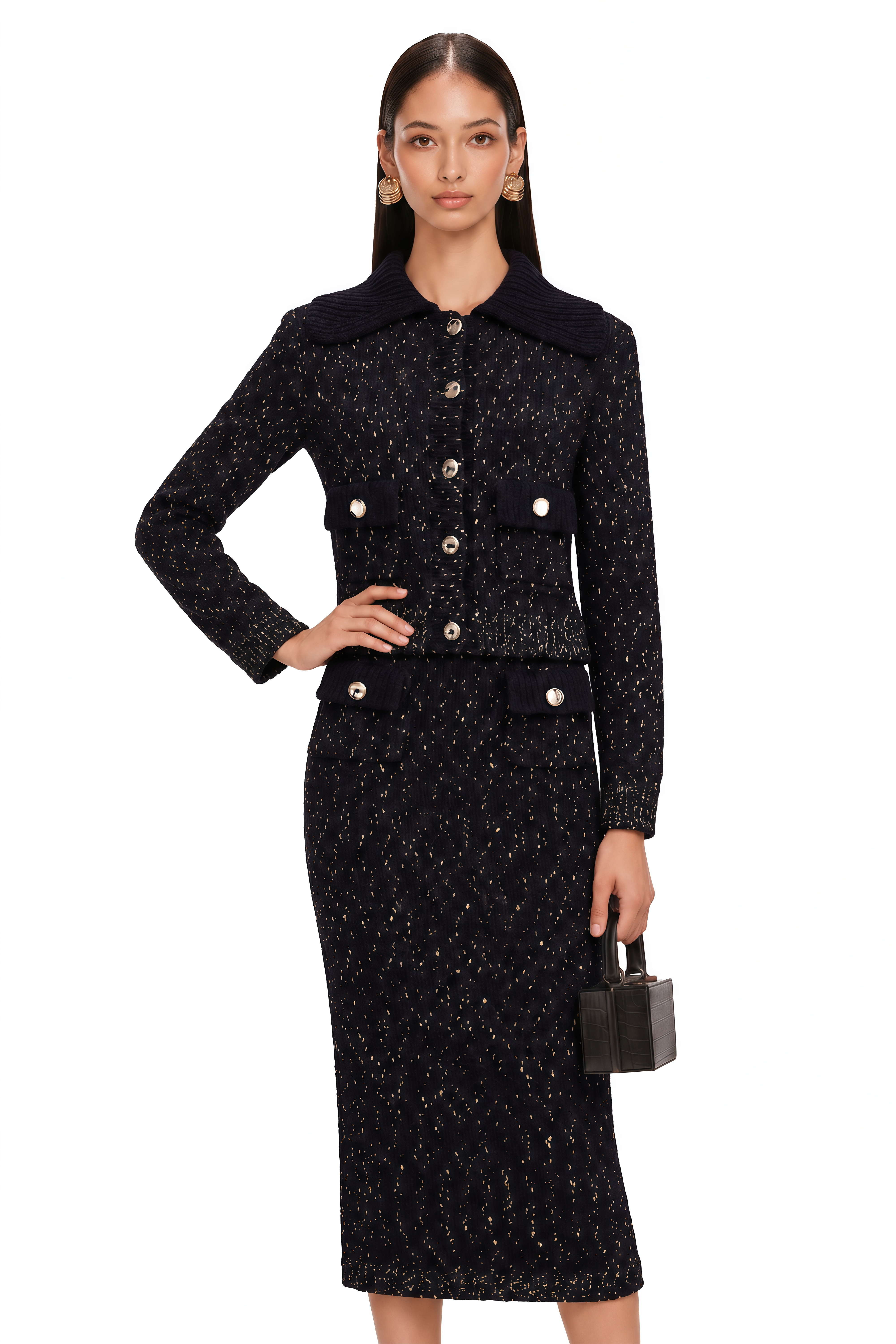 Claudine Navy Crochet-Knit Jacket & Skirt Matching Set