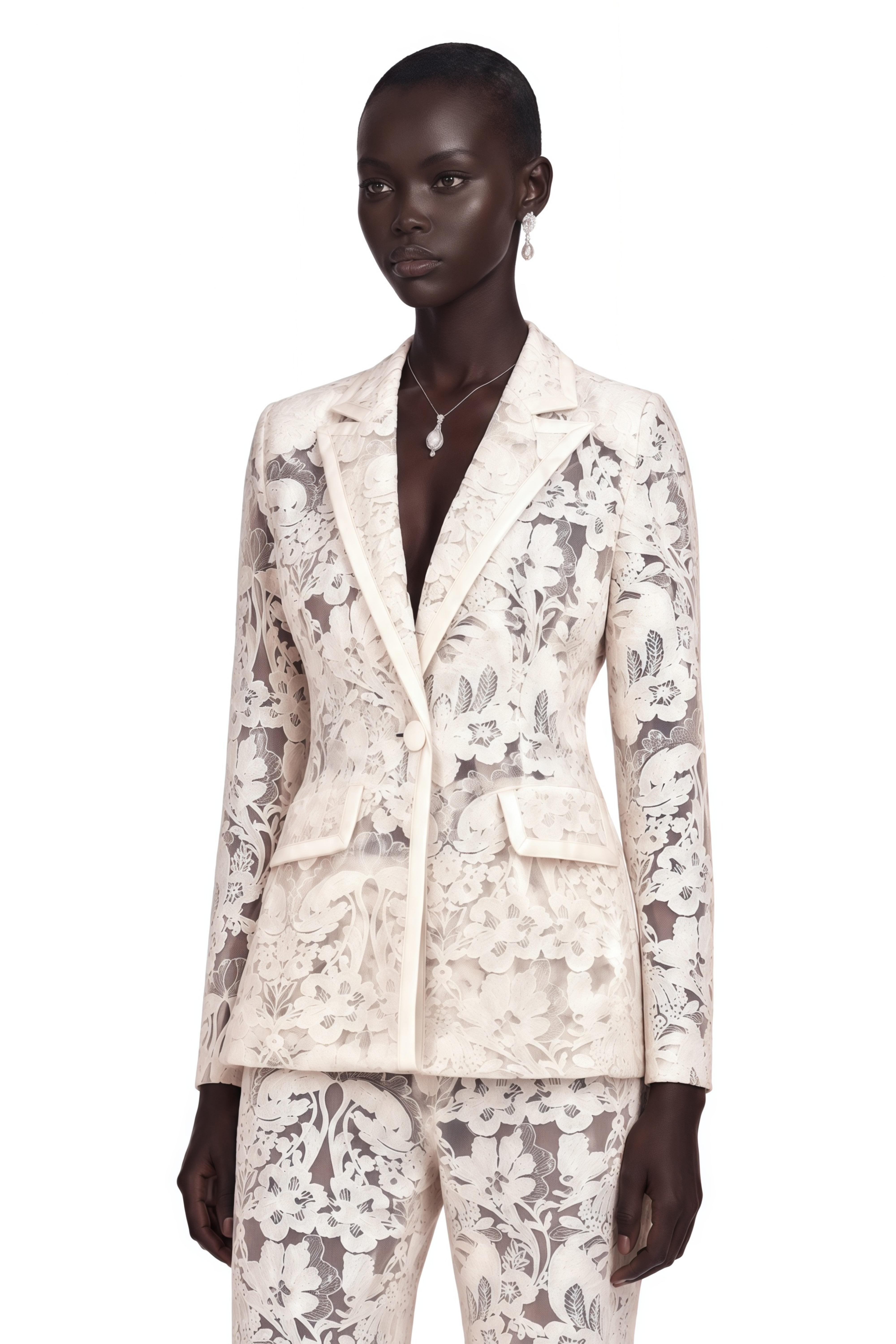 Yaelle White Sequined Flower-Embroidered Tulle Blazer & Trousers Matching Set