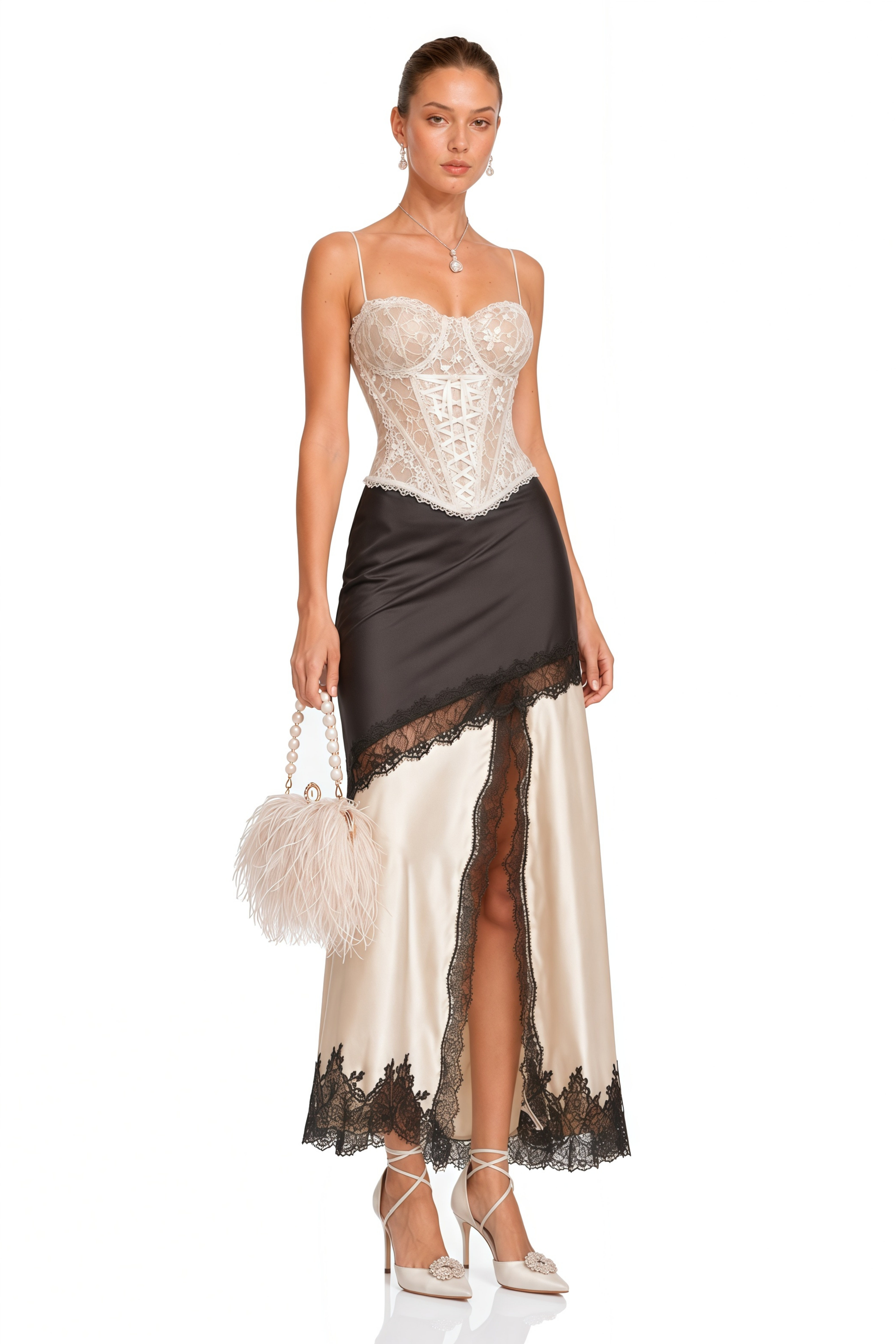 Raphaëlle lace-panel asymmetrical satin skirt