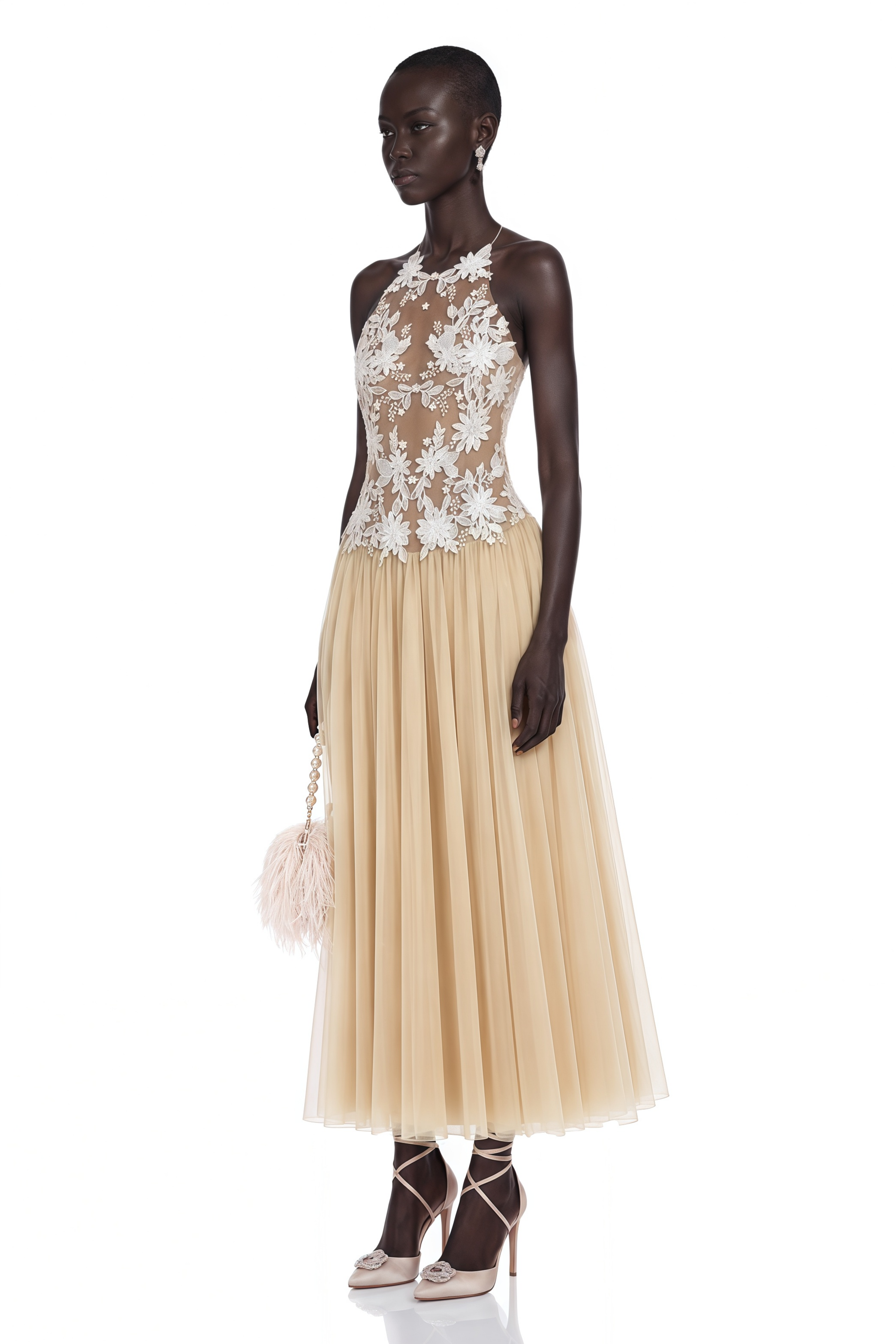 Ruqayya Neutral Floral Embroidered Pleated Maxi Dress