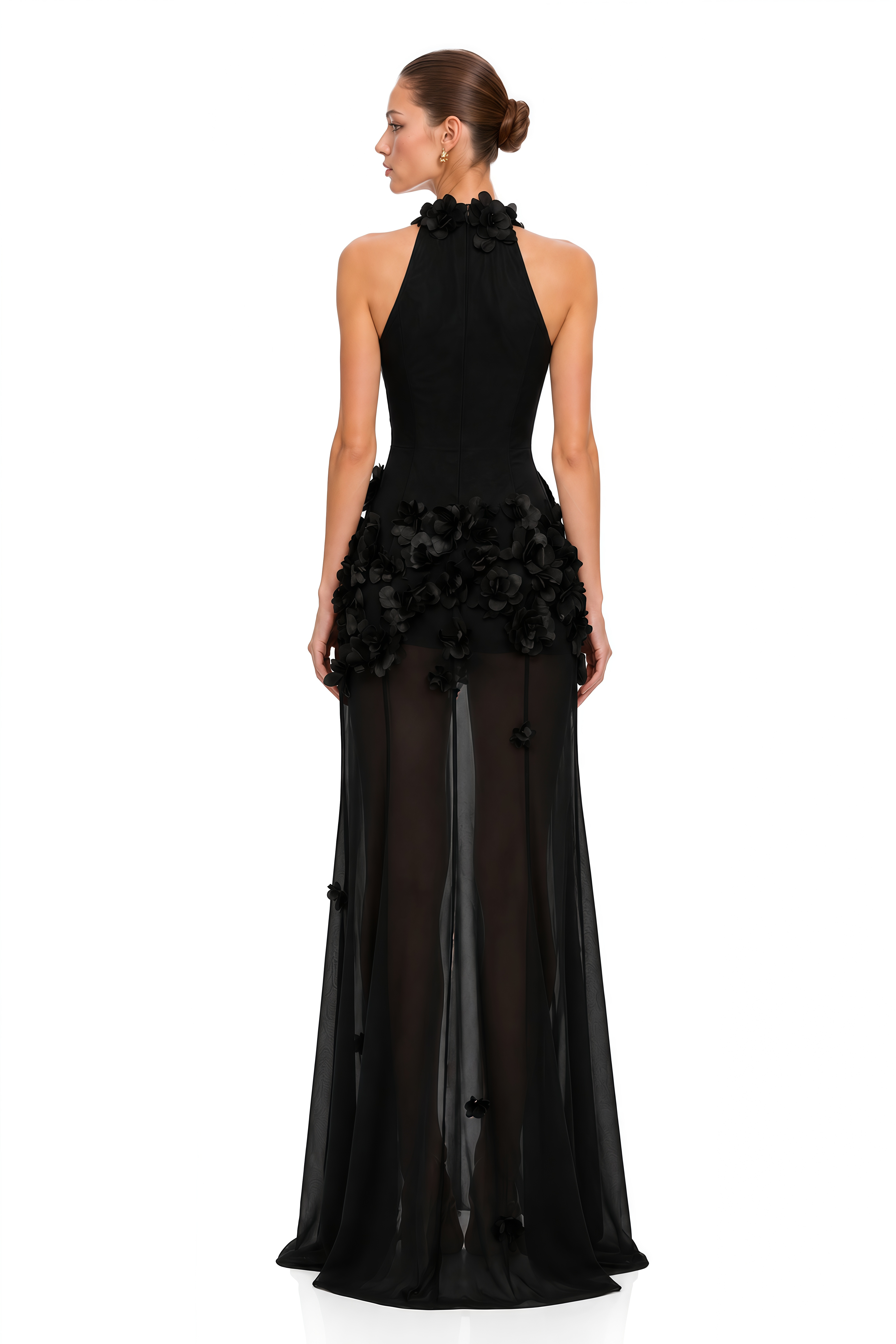 Guinevere Black Halterneck Maxi Dress with 3D Florals