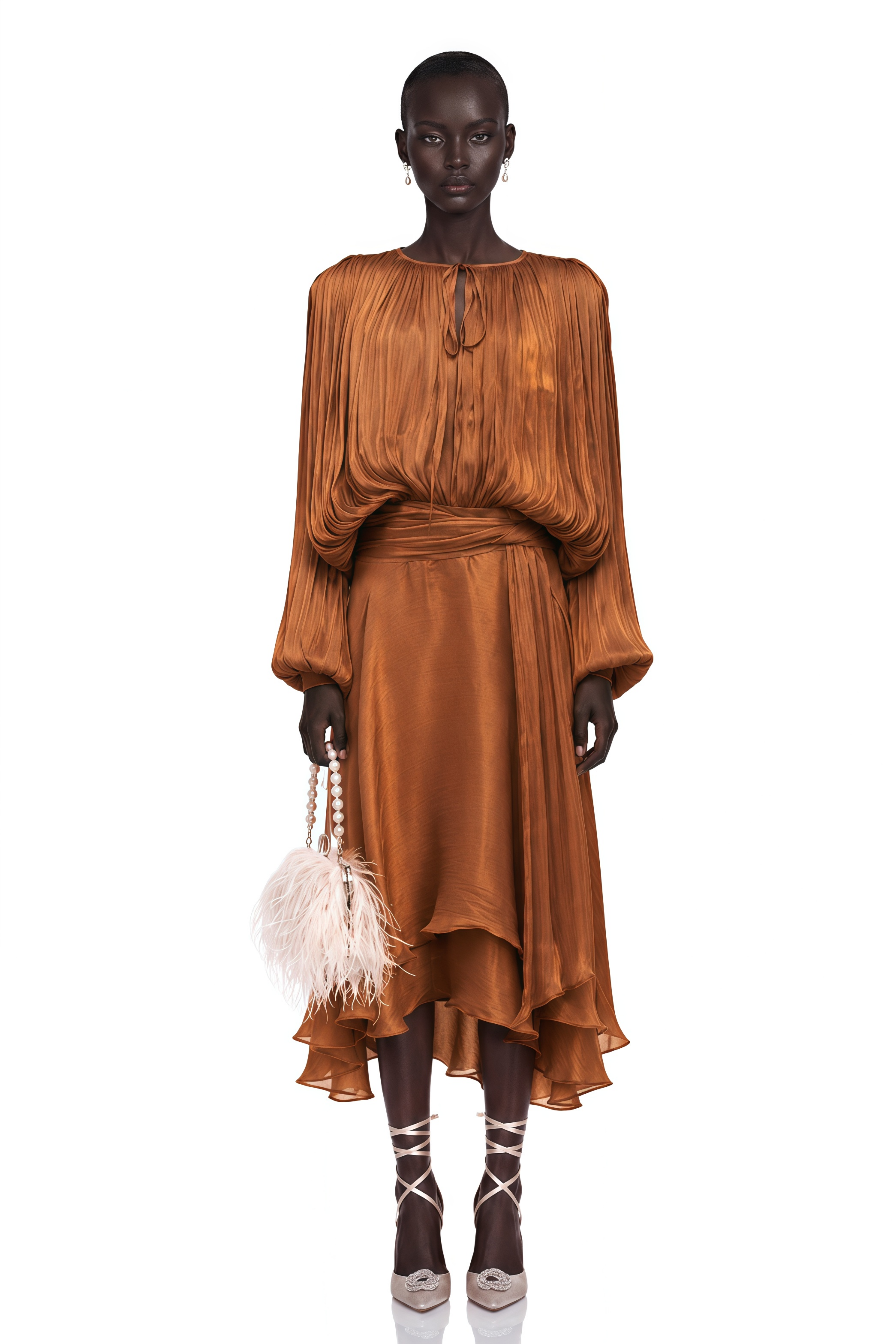 Eugénie Pleated Ruffle Maxi Dress in Brown