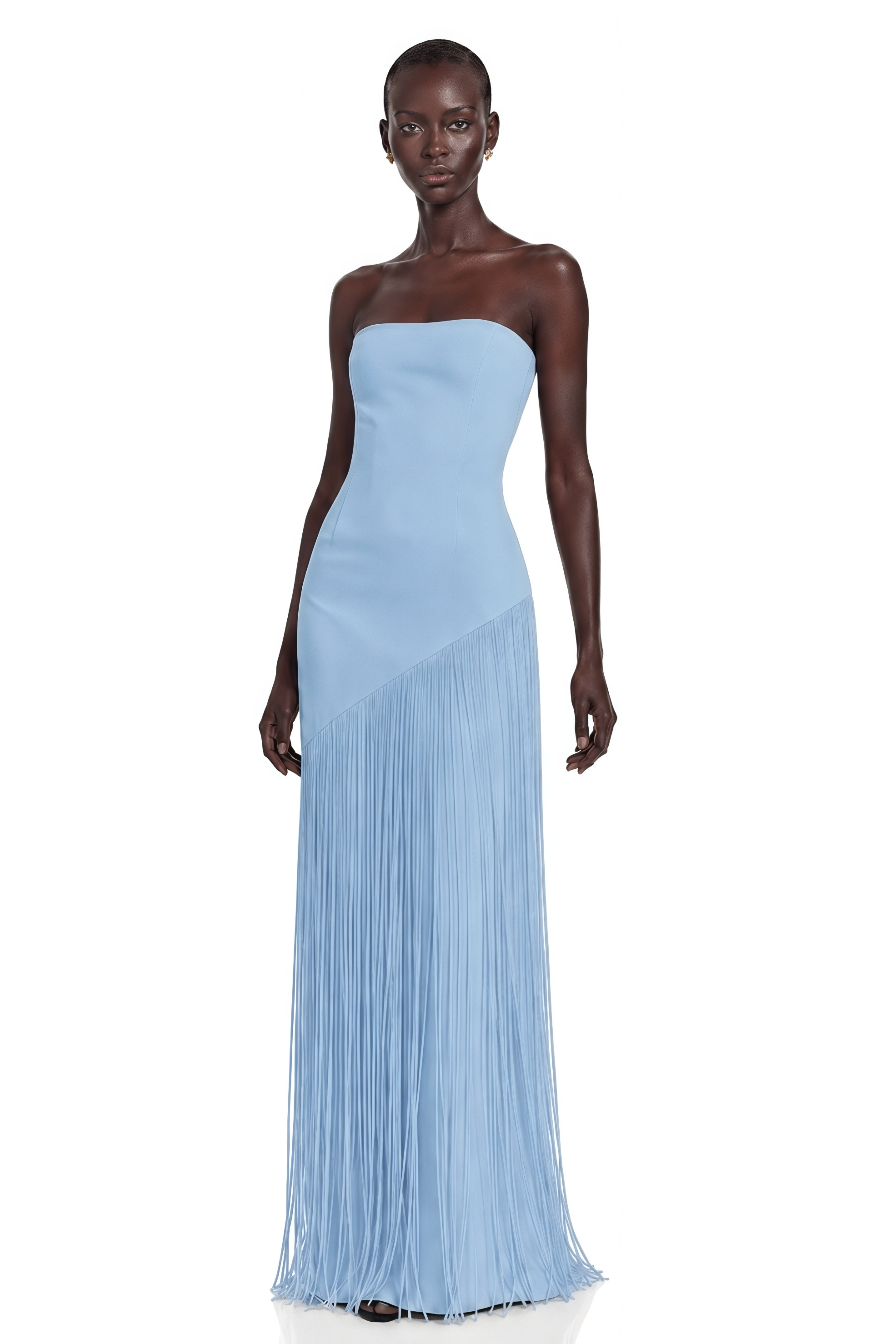 Cayetana Sapphire Blue Fringe Maxi Dress with Cape Effect