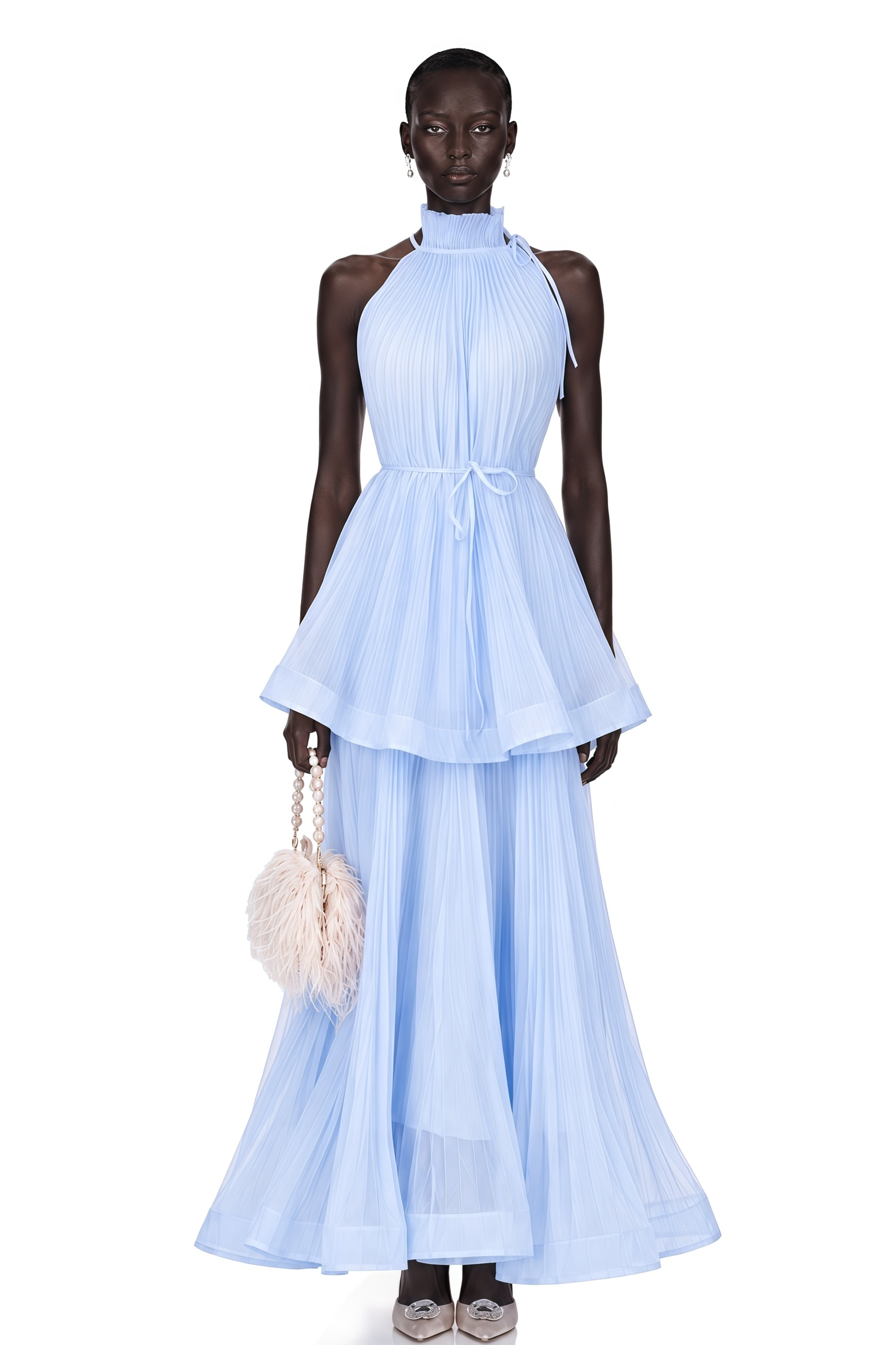 Zélie Blue Flounced Pleated Maxi Dress