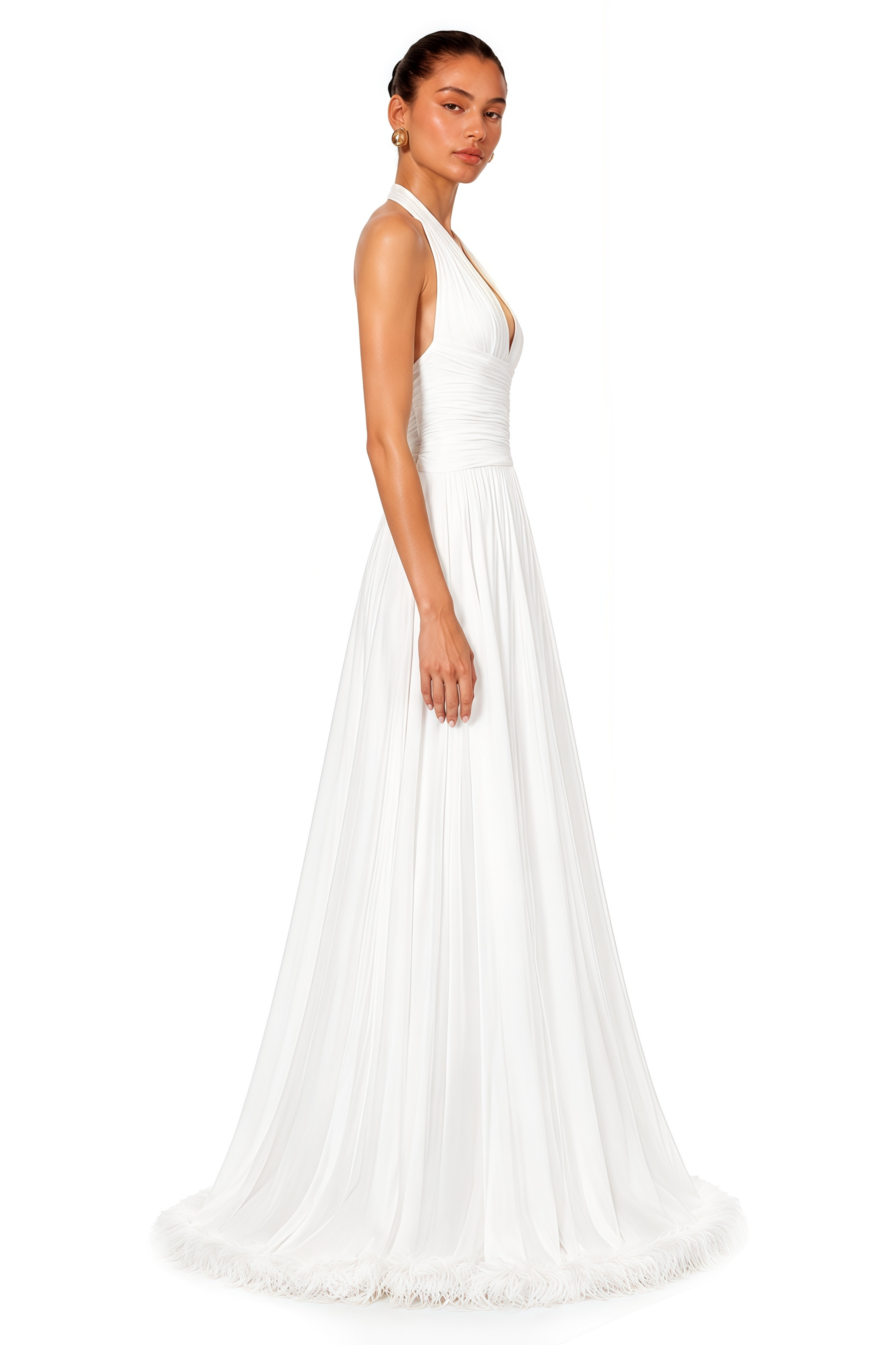 Ramona White Feather Hem Gathered Maxi Dress