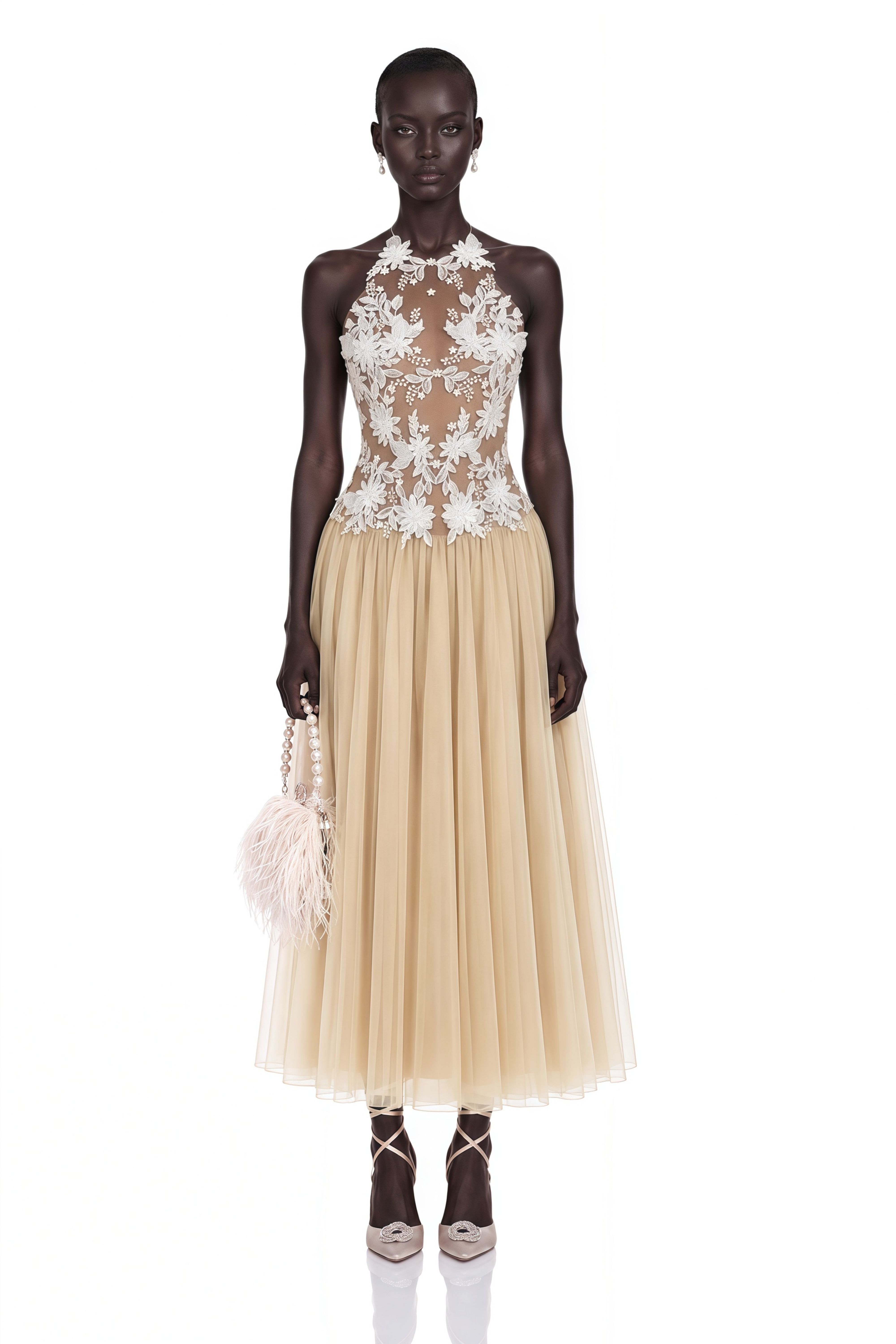 Ruqayya Neutral Floral Embroidered Pleated Maxi Dress
