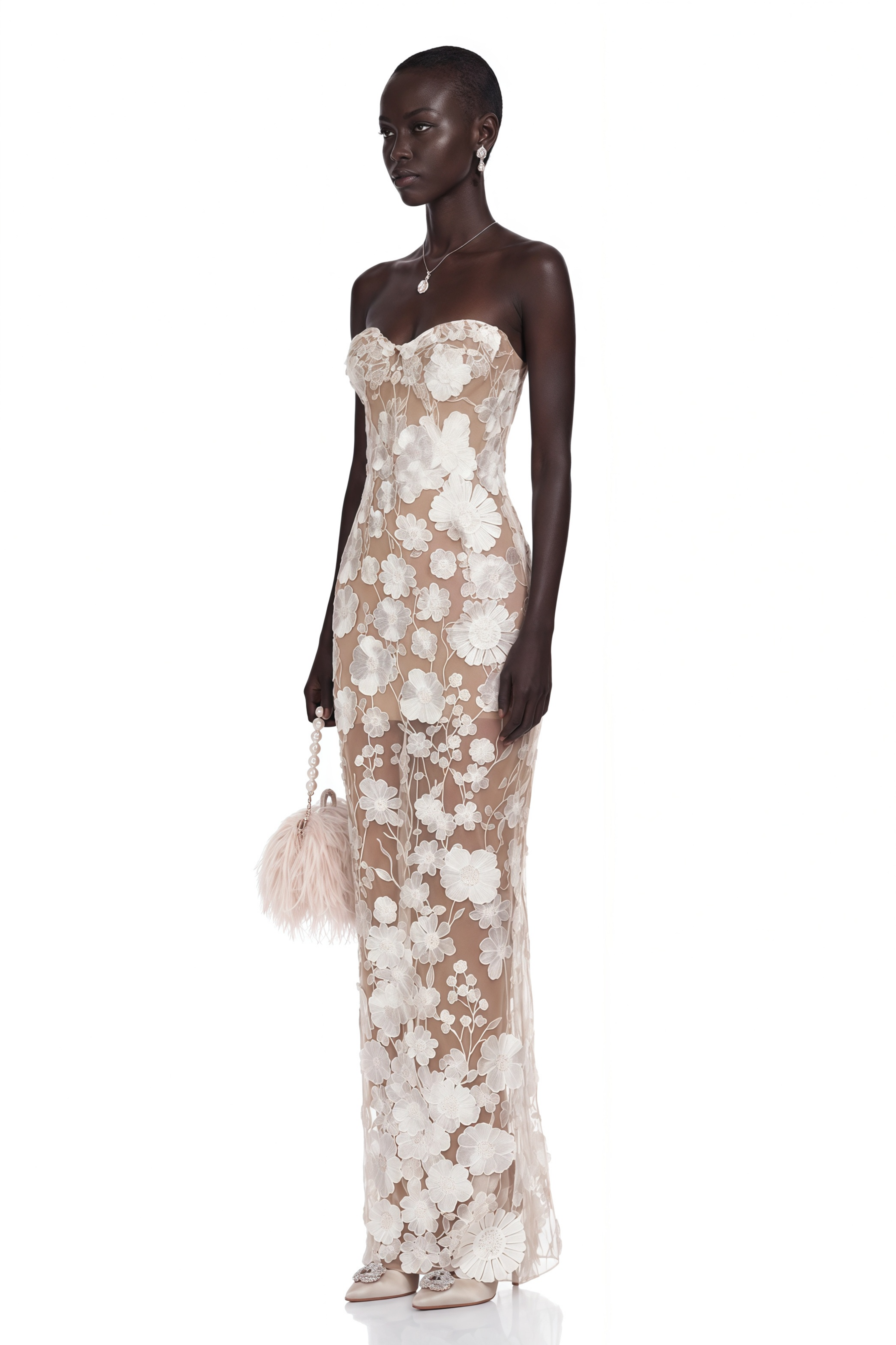 Brigitte White Floral Appliqué Corset Maxi Dress