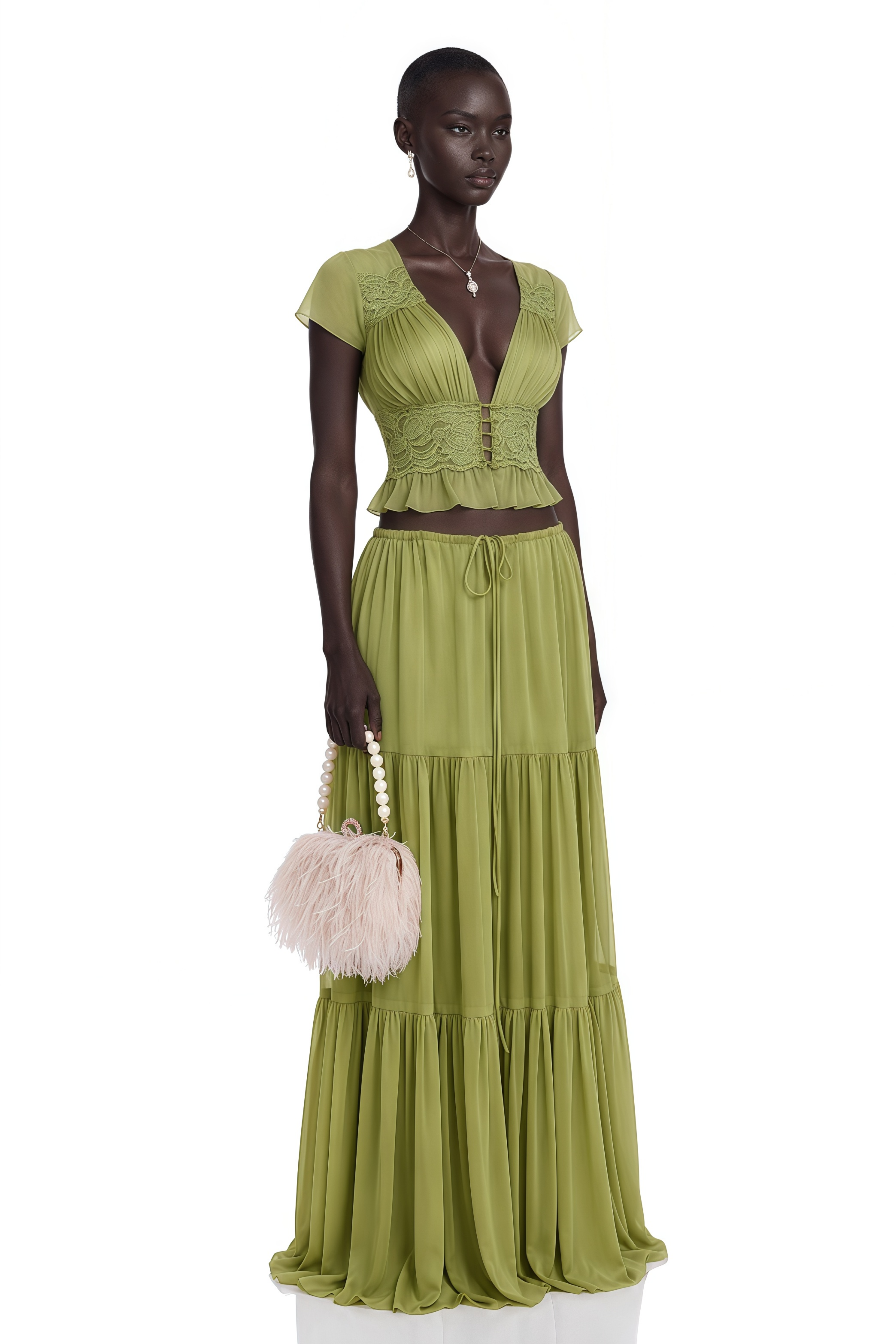 Pleiade Green Floral Lace Chiffon Top & Skirt Set