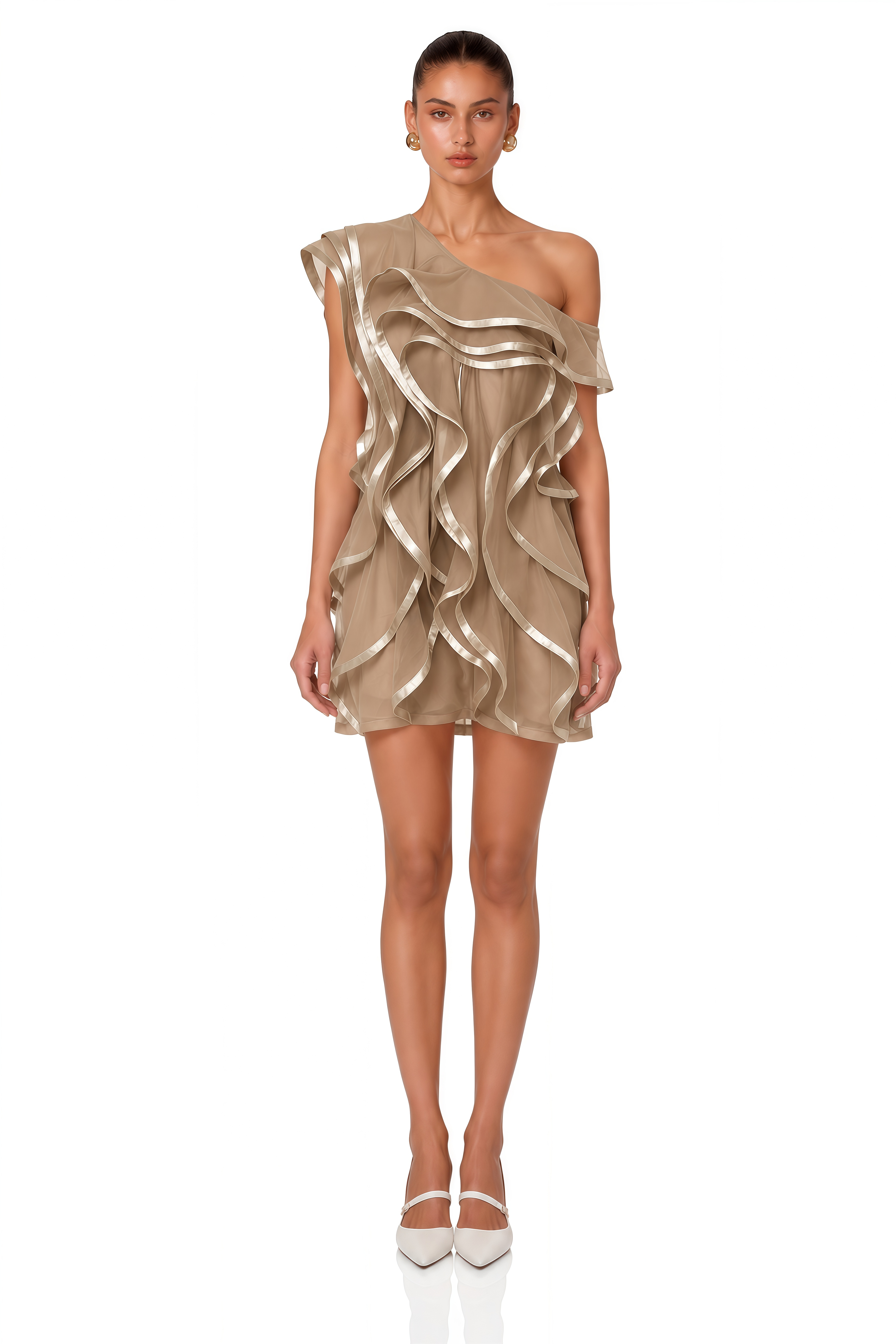 Alchimie Brown Ruffled Tulle Mini Dress
