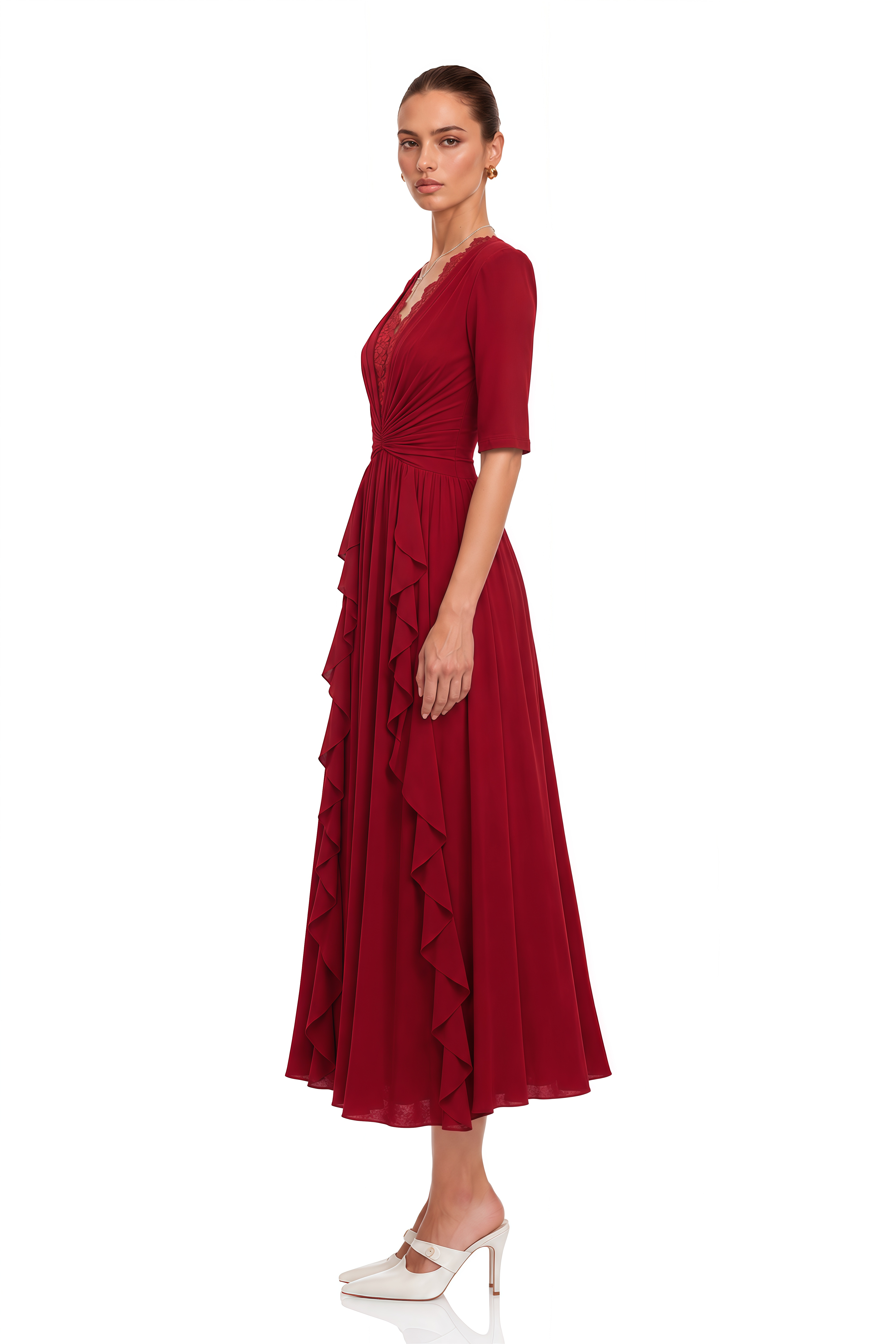 Giovanna Red V-Neck Ruched Midi Dress with Half Sleeves