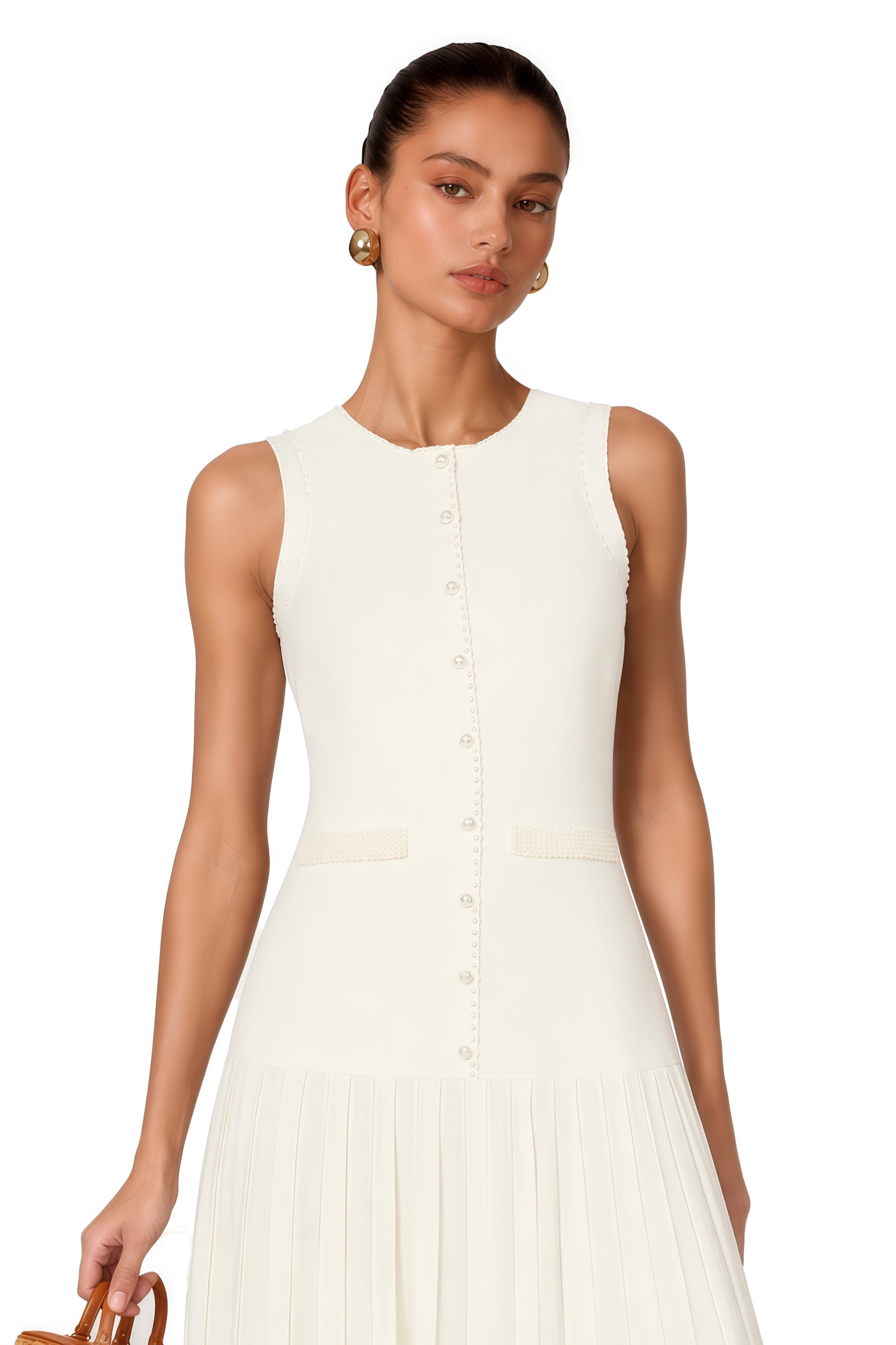 Aurore Beige Faux-Pearl Midi Dress