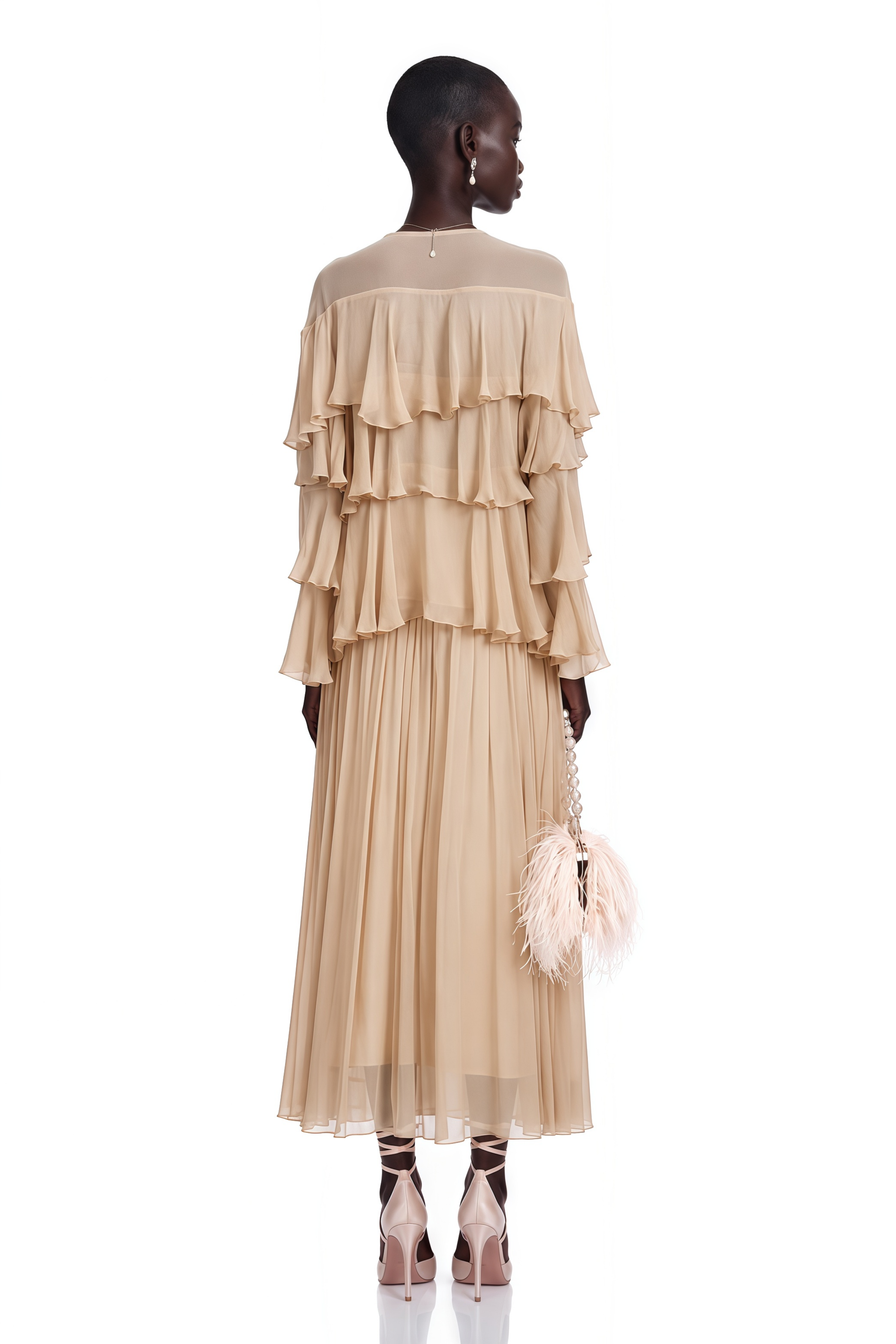 Brigitte Neutral Layered Chiffon Blouse & Skirt Set