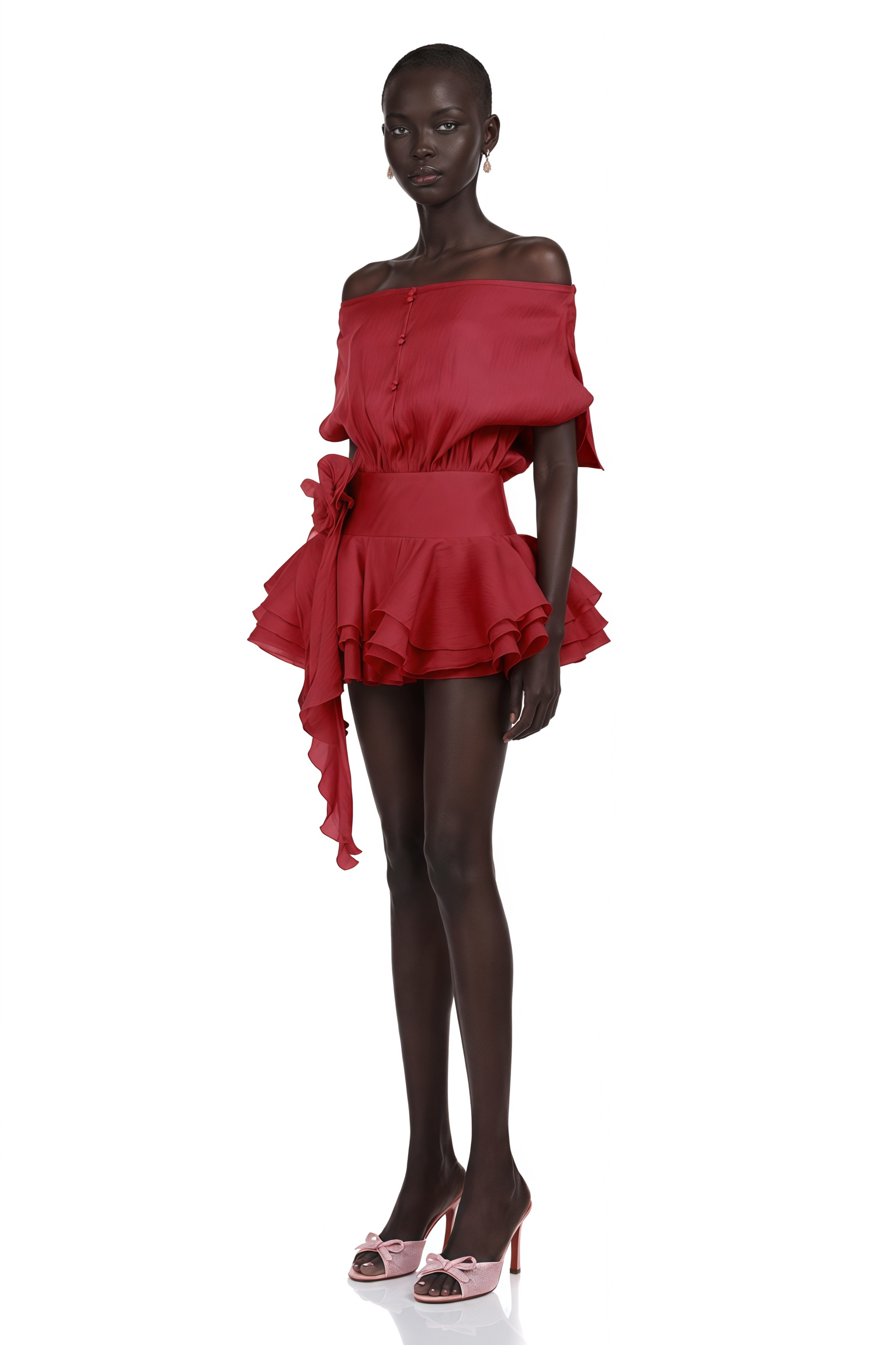 Amélie Red Floral Appliqué Flounced Mini Dress