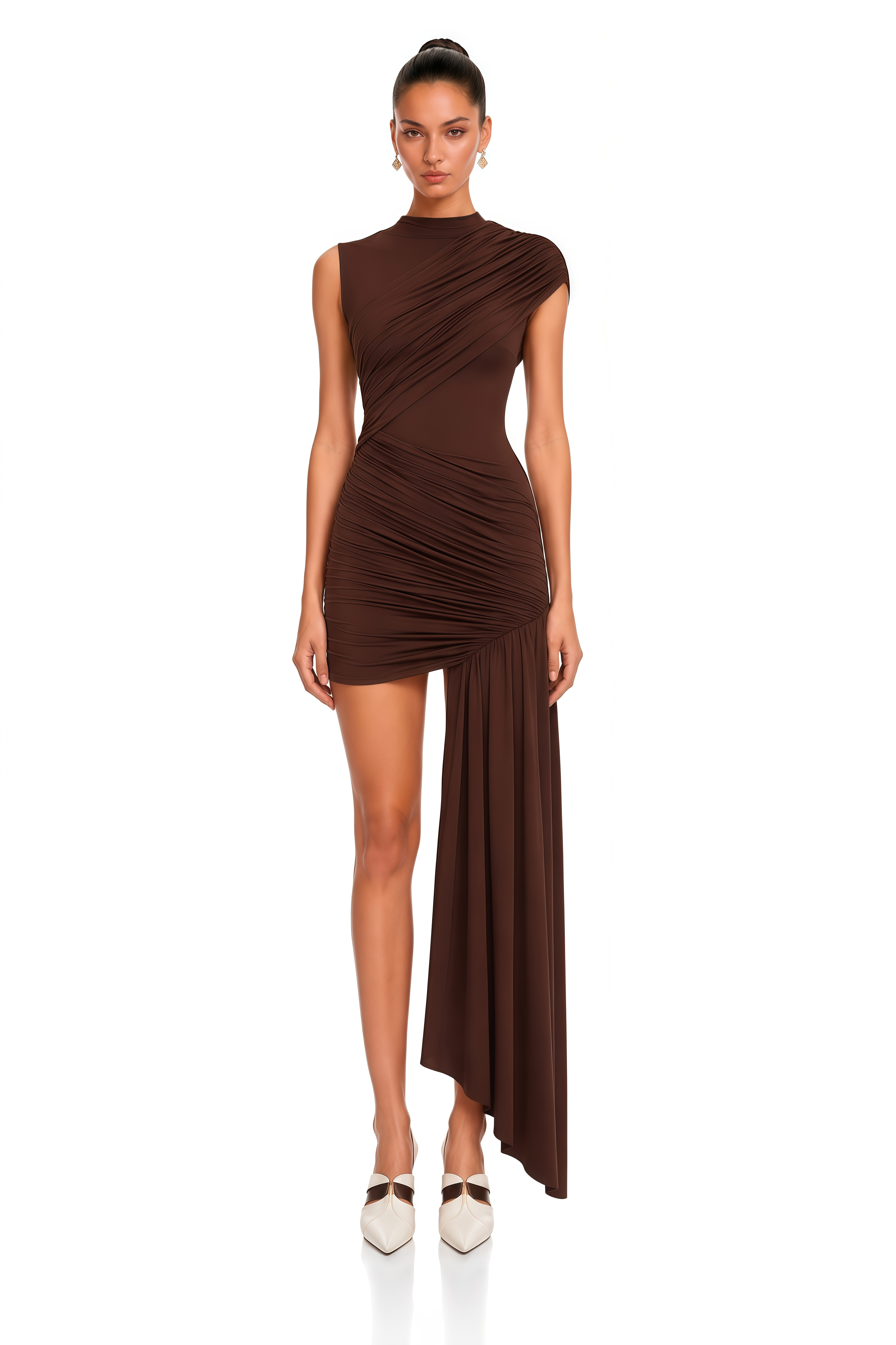 Fée Brown Asymmetrical Ruched Mini Dress – Miss Rosier