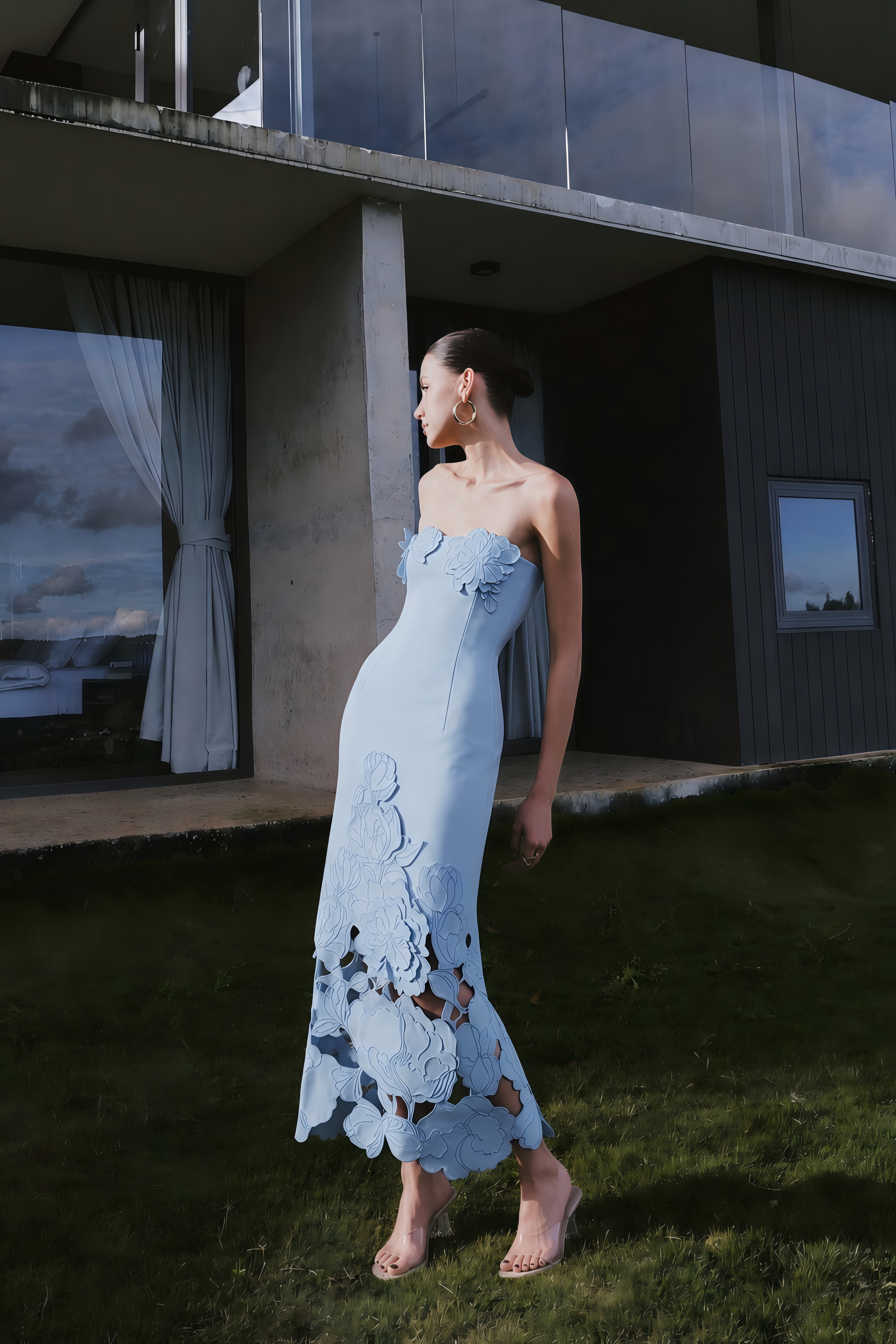 Inga Blue Strapless Floral Embroidered Maxi Dress