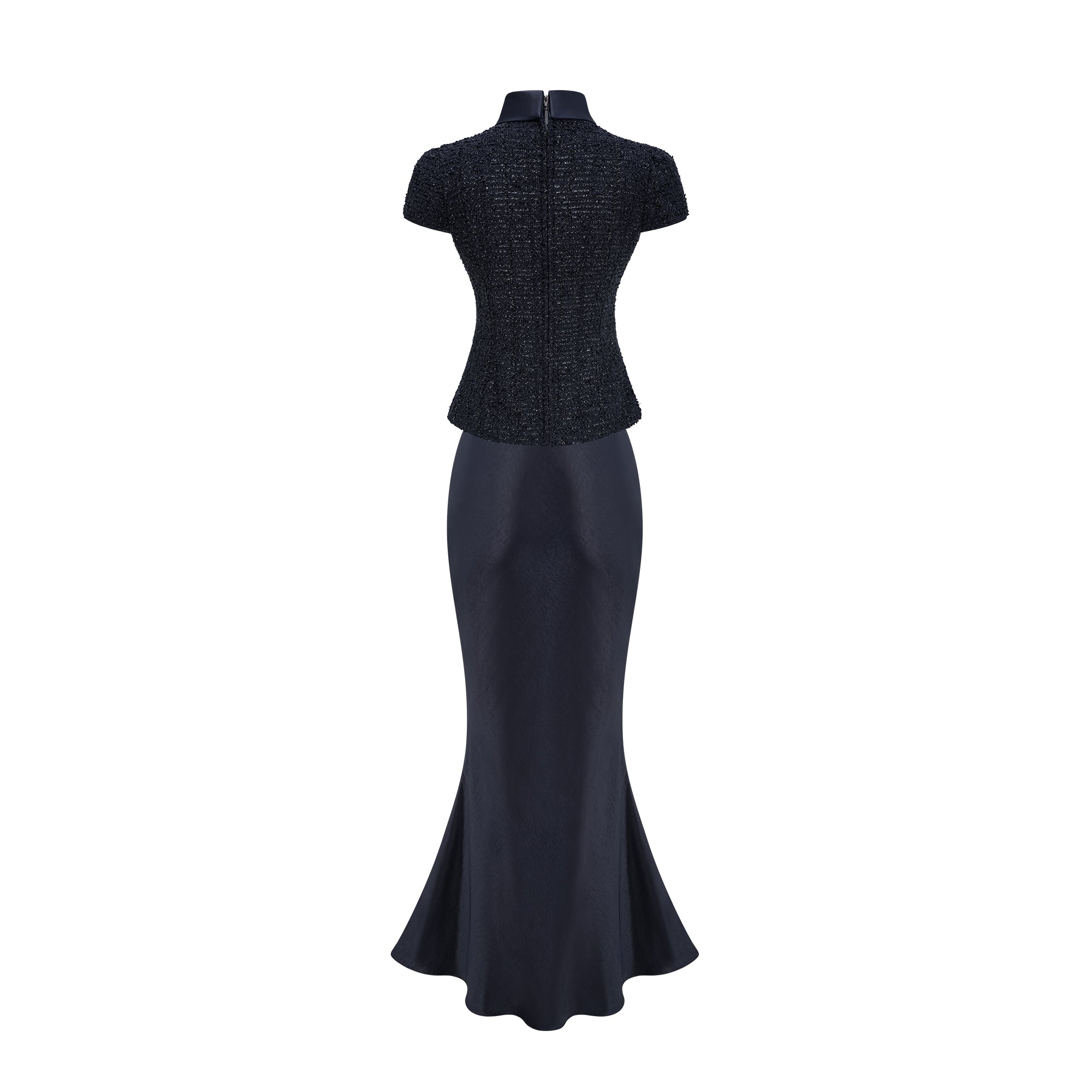 Navy blue short-sleeve maxi dress with a peplum jacket bodice and satin skirt