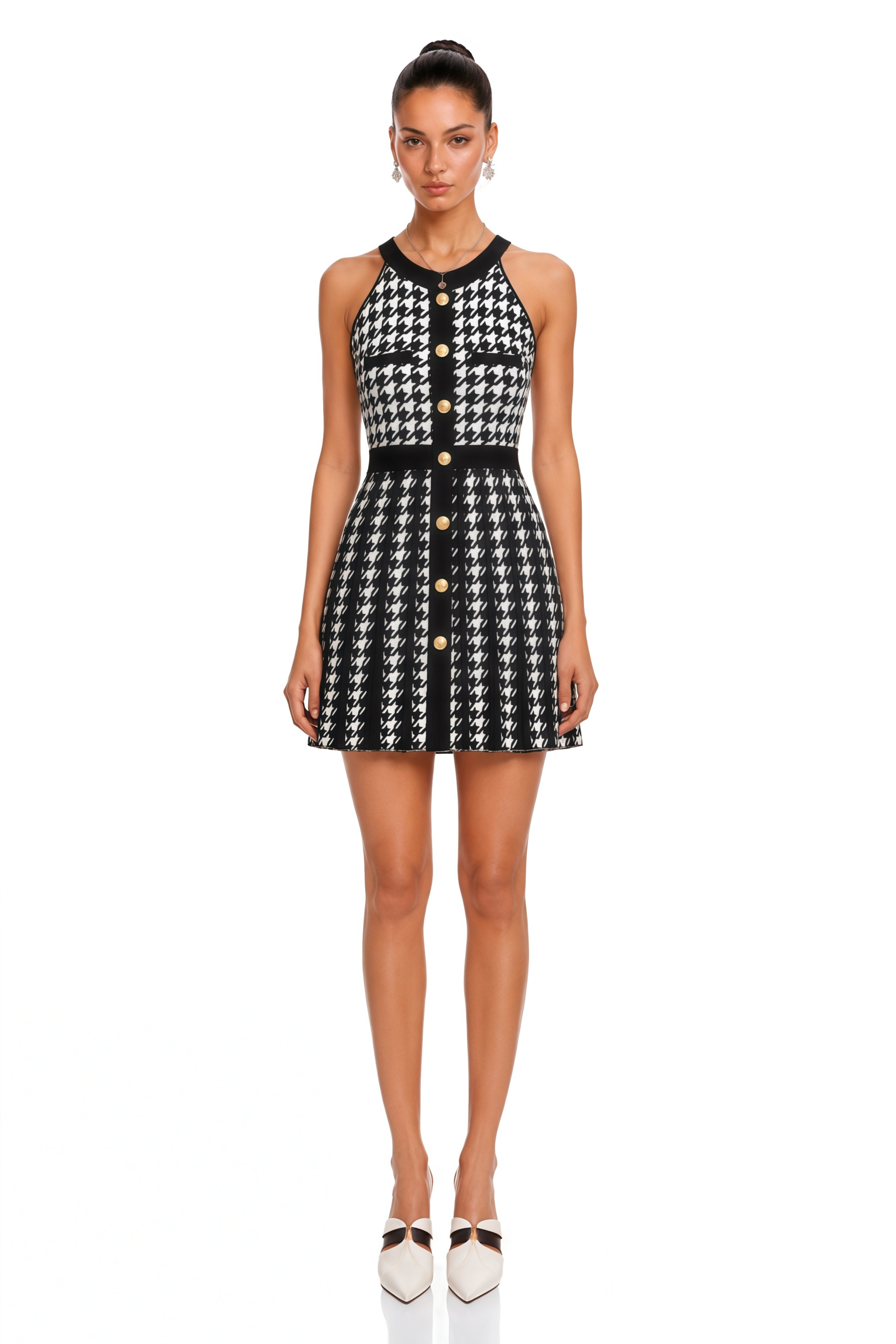 Jacqueline Black Houndstooth Crochet Knit Mini Dress