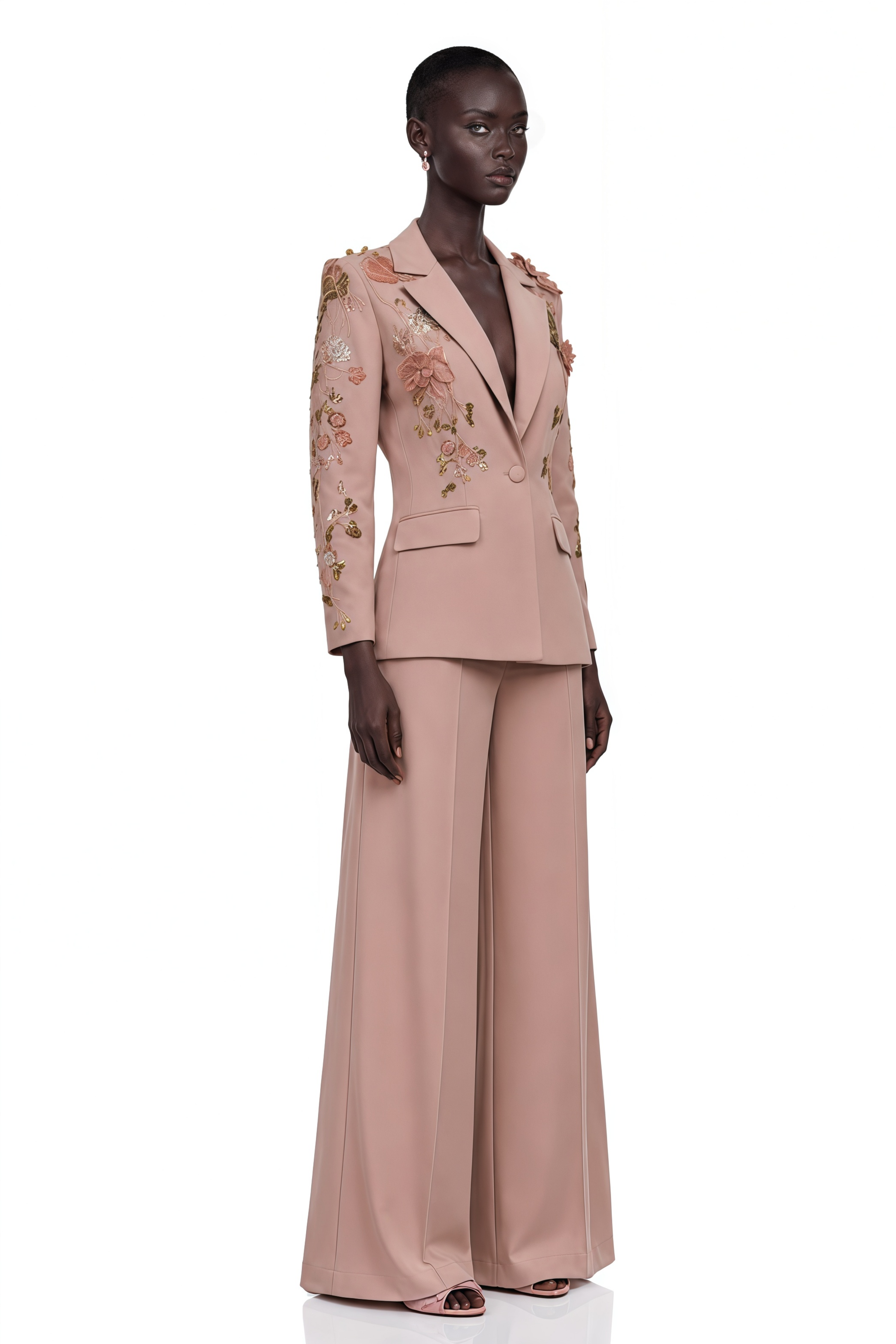 Morgane Dusty Pink Sequined Floral Blazer & Trousers Set