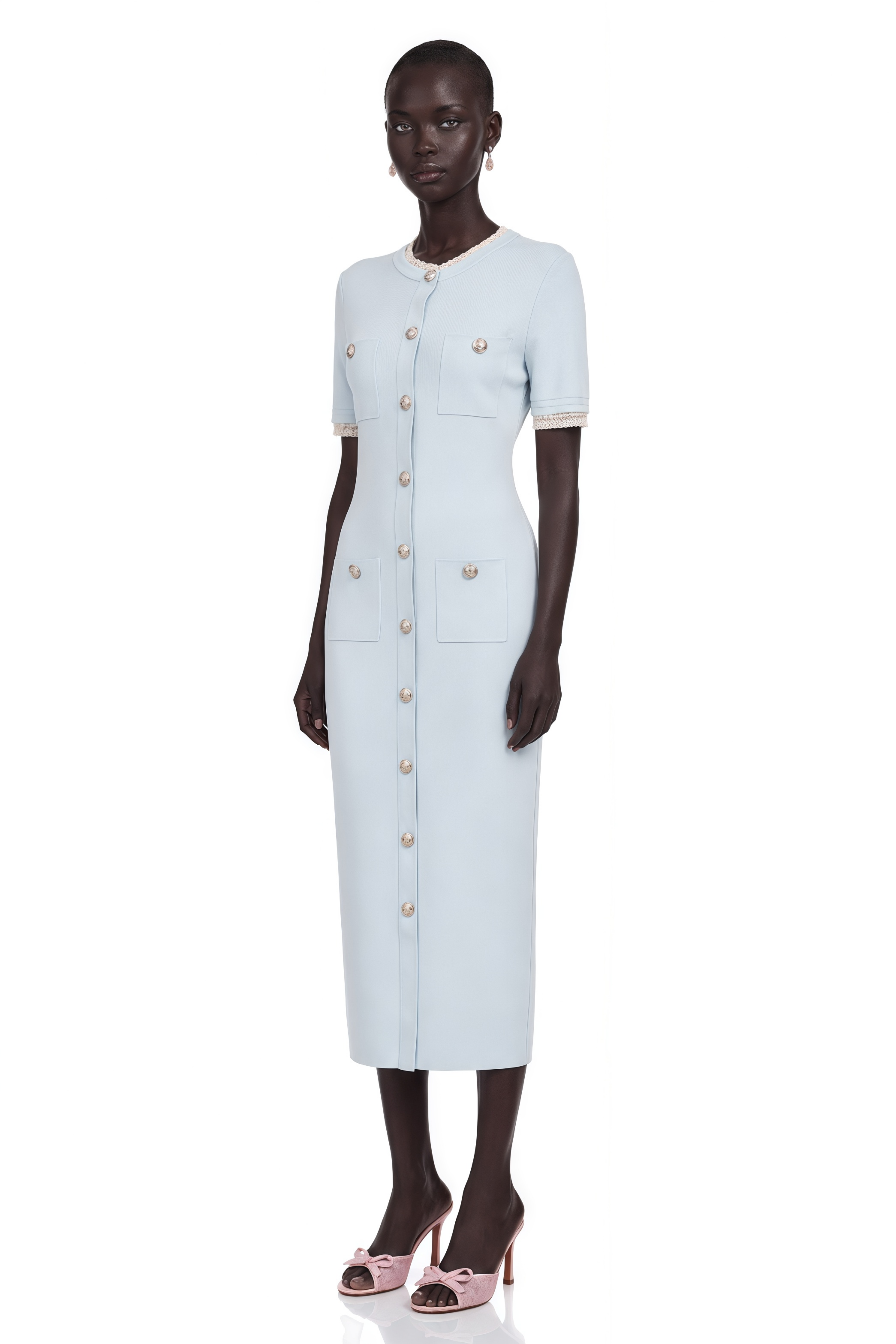 Mélisande Light-Blue Pencil-Silhouette Knit Midi Dress