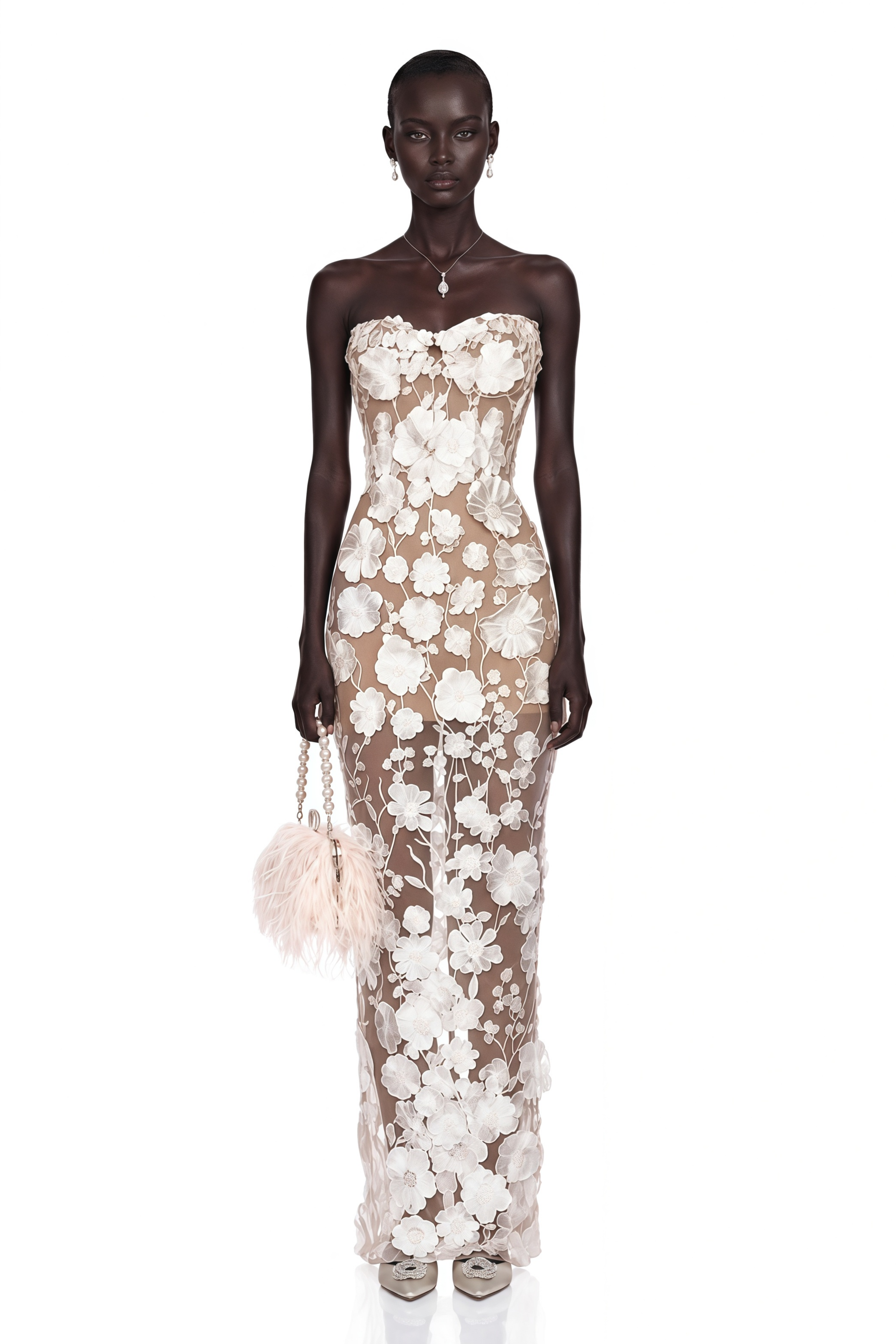 Brigitte White Floral Appliqué Corset Maxi Dress