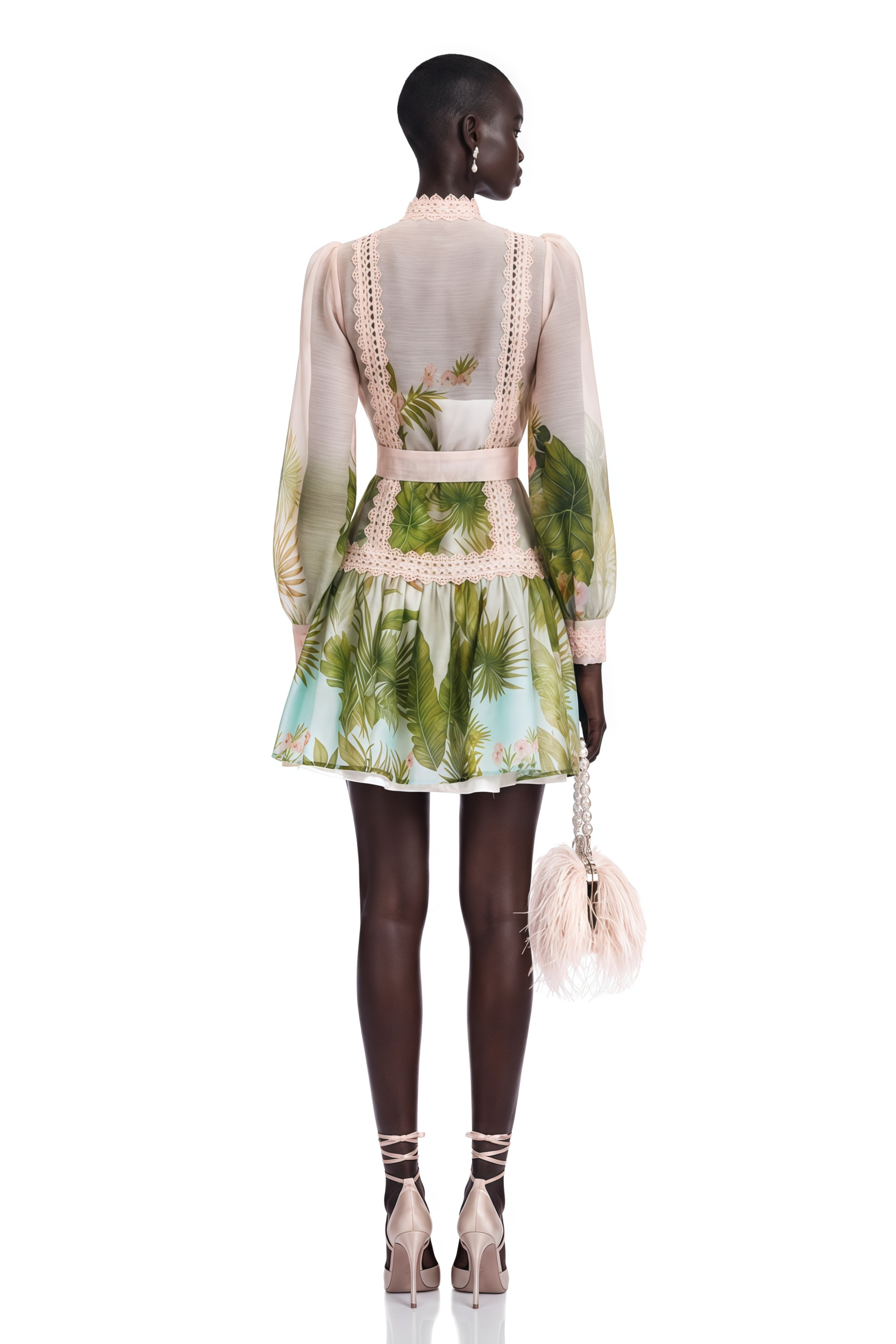 Antigone Pink Mini Dress with Lace Panels and Tie
