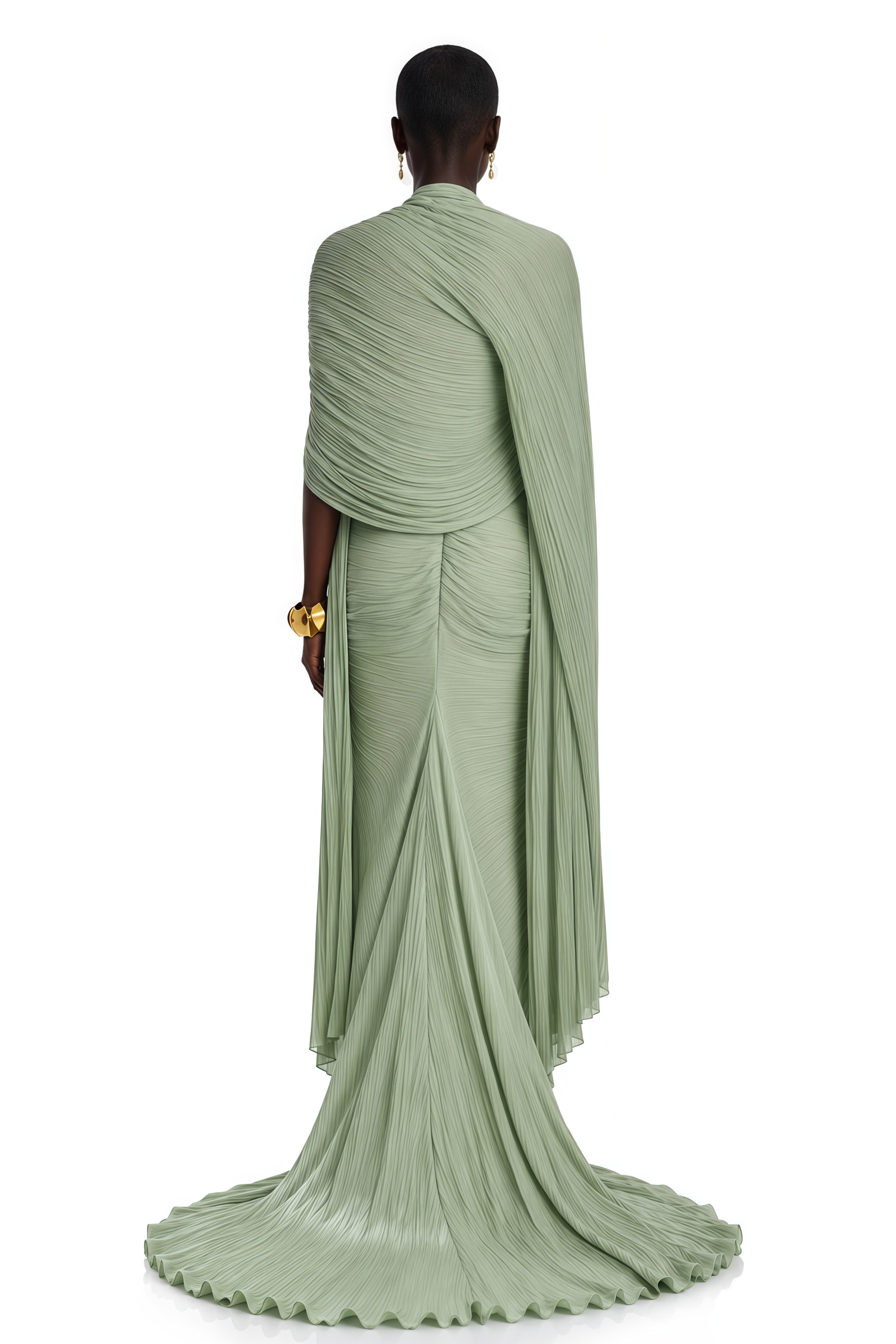 Shifra Green Asymmetrical Cape Maxi Dress