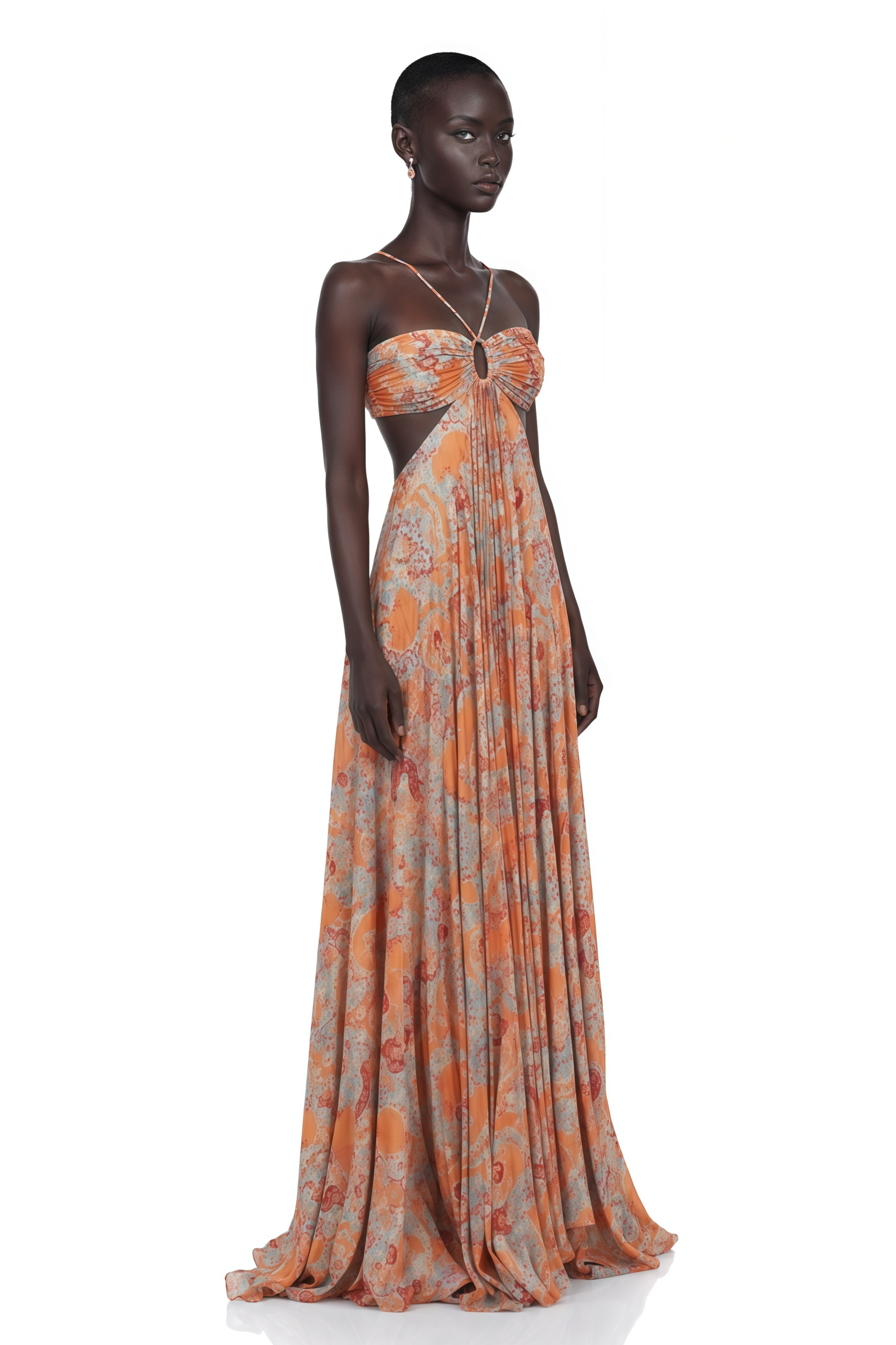 Andréa Orange Floral Print Pleated Maxi Dress with Cutout Detail