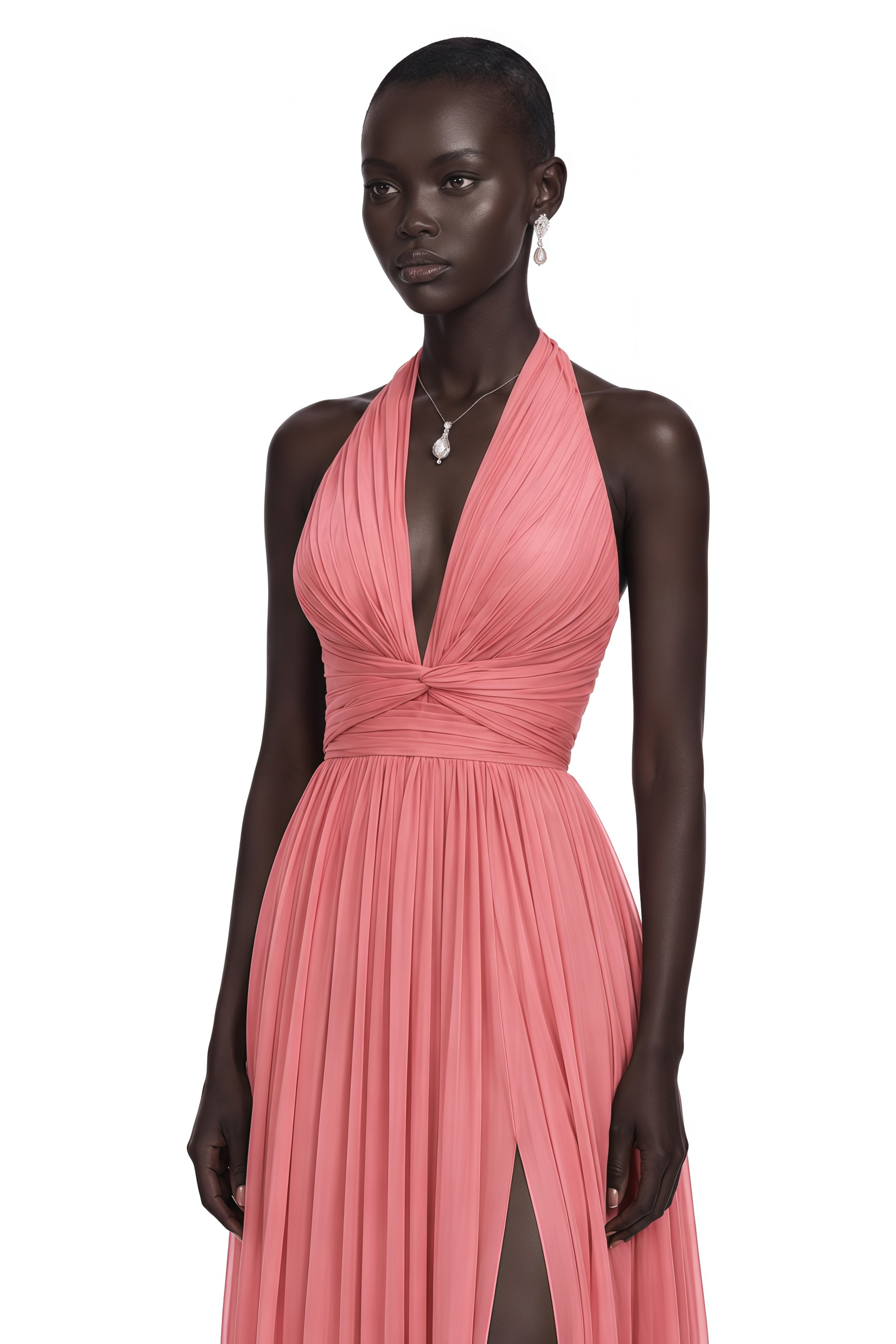 Macioci Pink Halterneck Ruched Maxi Dress with Criss Cross Front