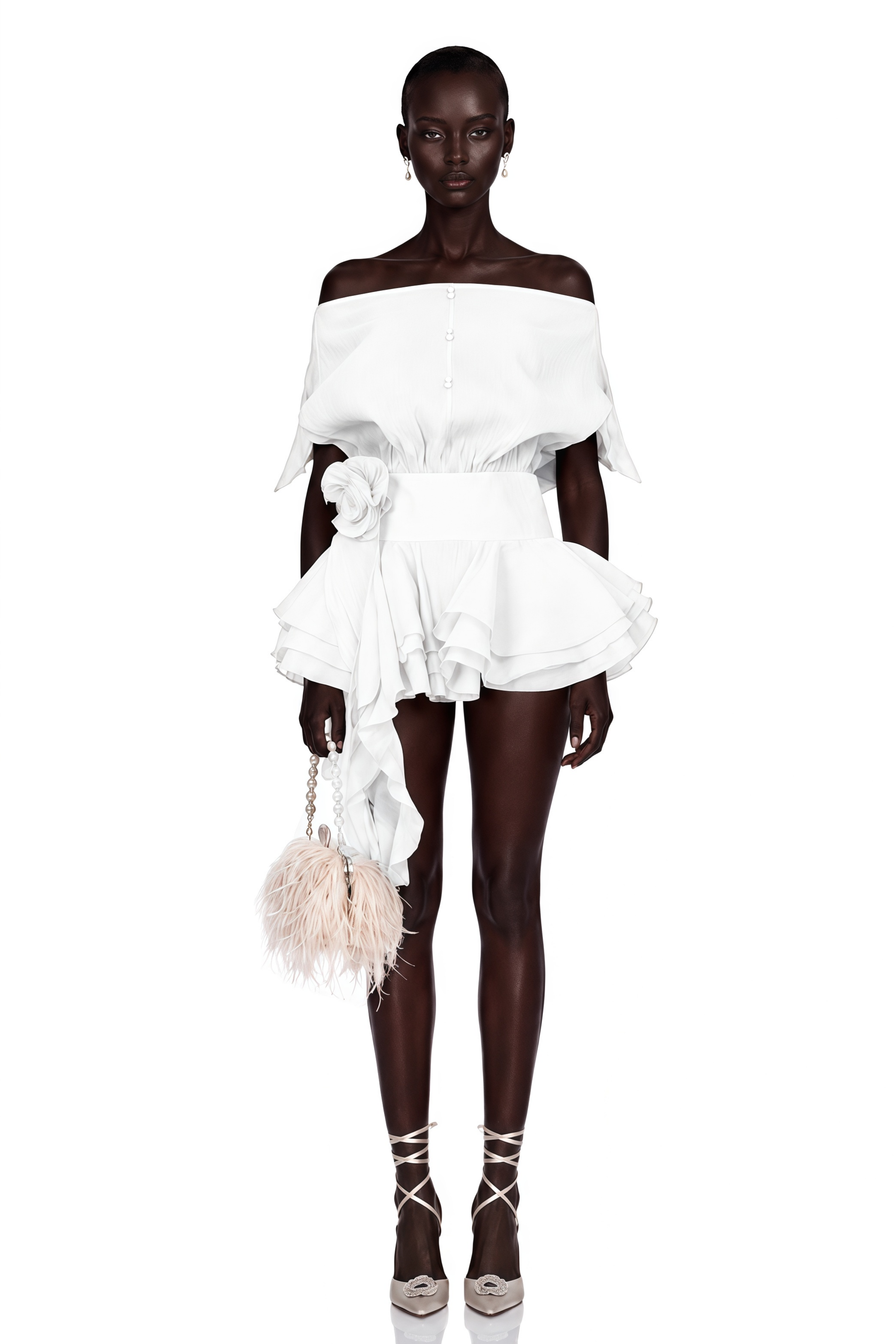 Amélie White Floral Appliqué Flounced Mini Dress