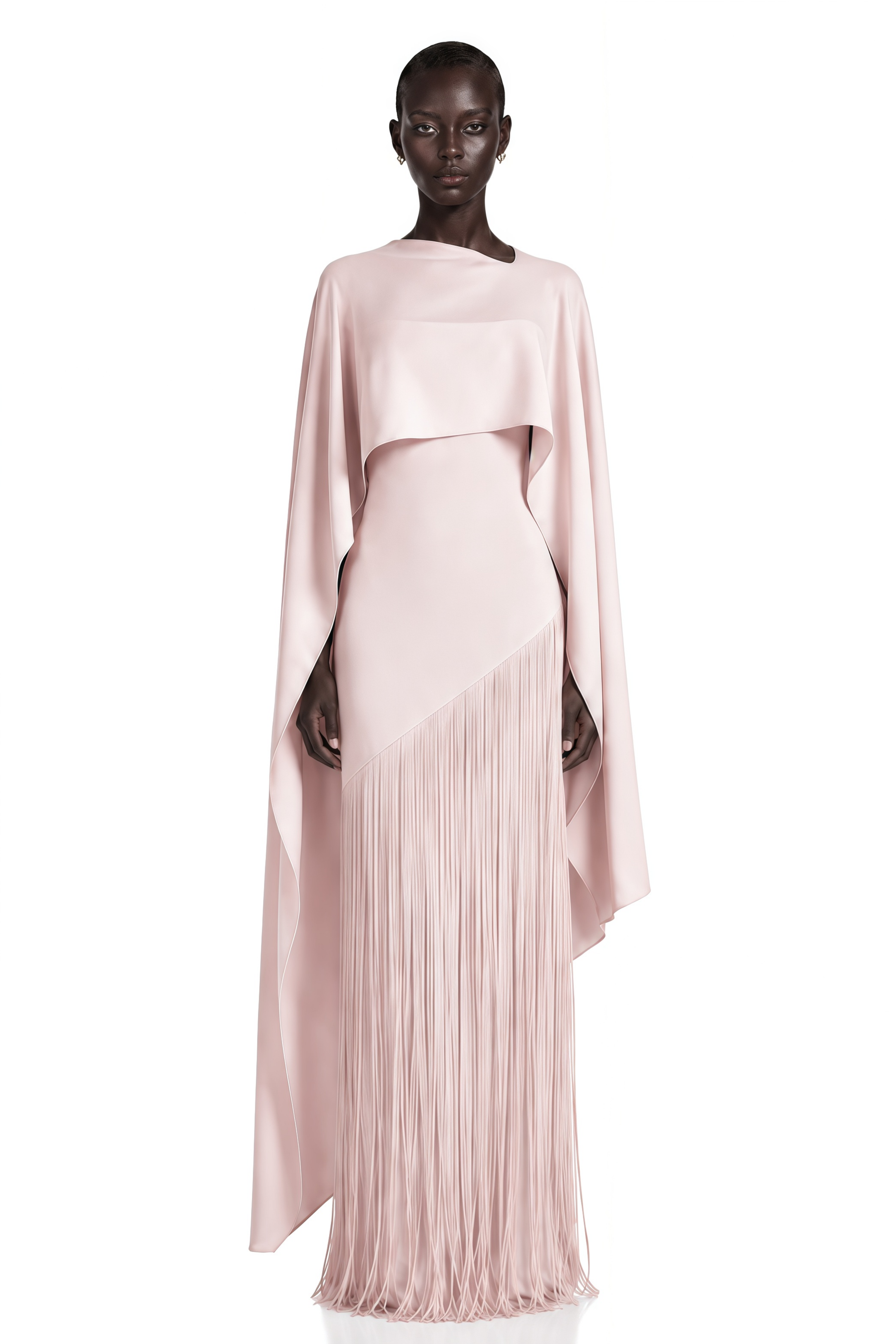 Cayetana Nude Pink Fringe Maxi Dress with Cape Effect
