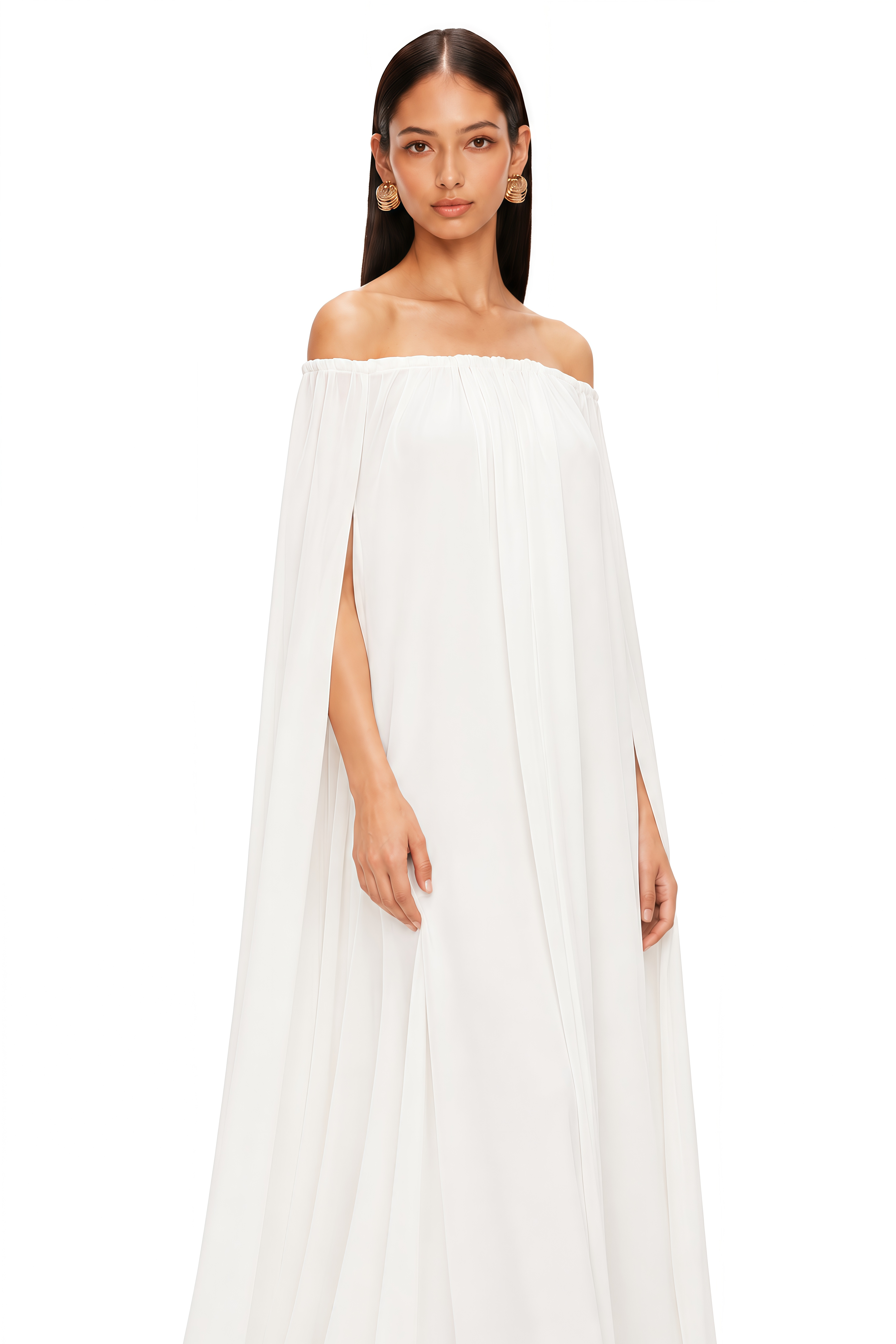 Patrizia White Cape-Design Draped Tulle Maxi Dress