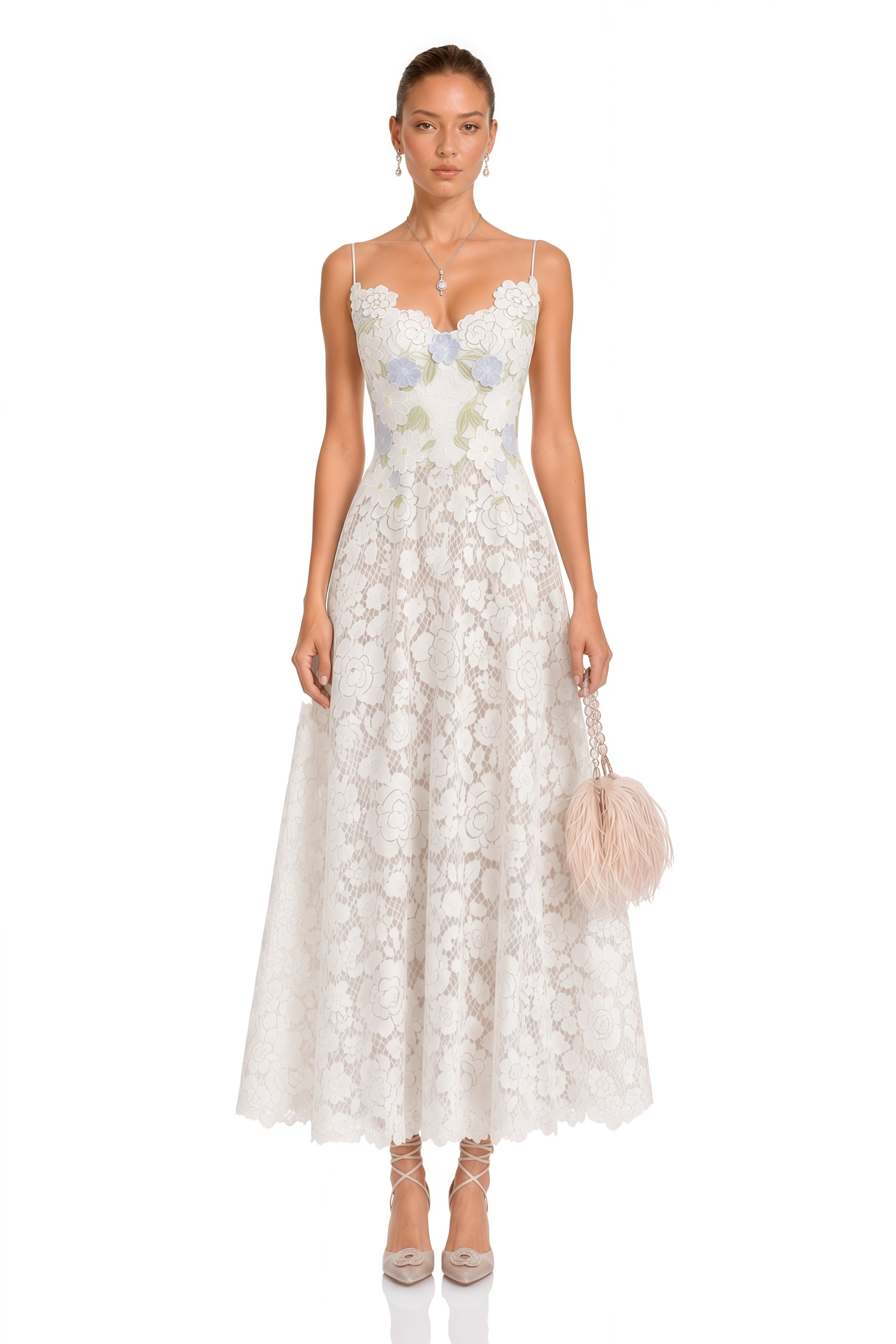 Solea White Floral Embroidered Lace Midi Dress