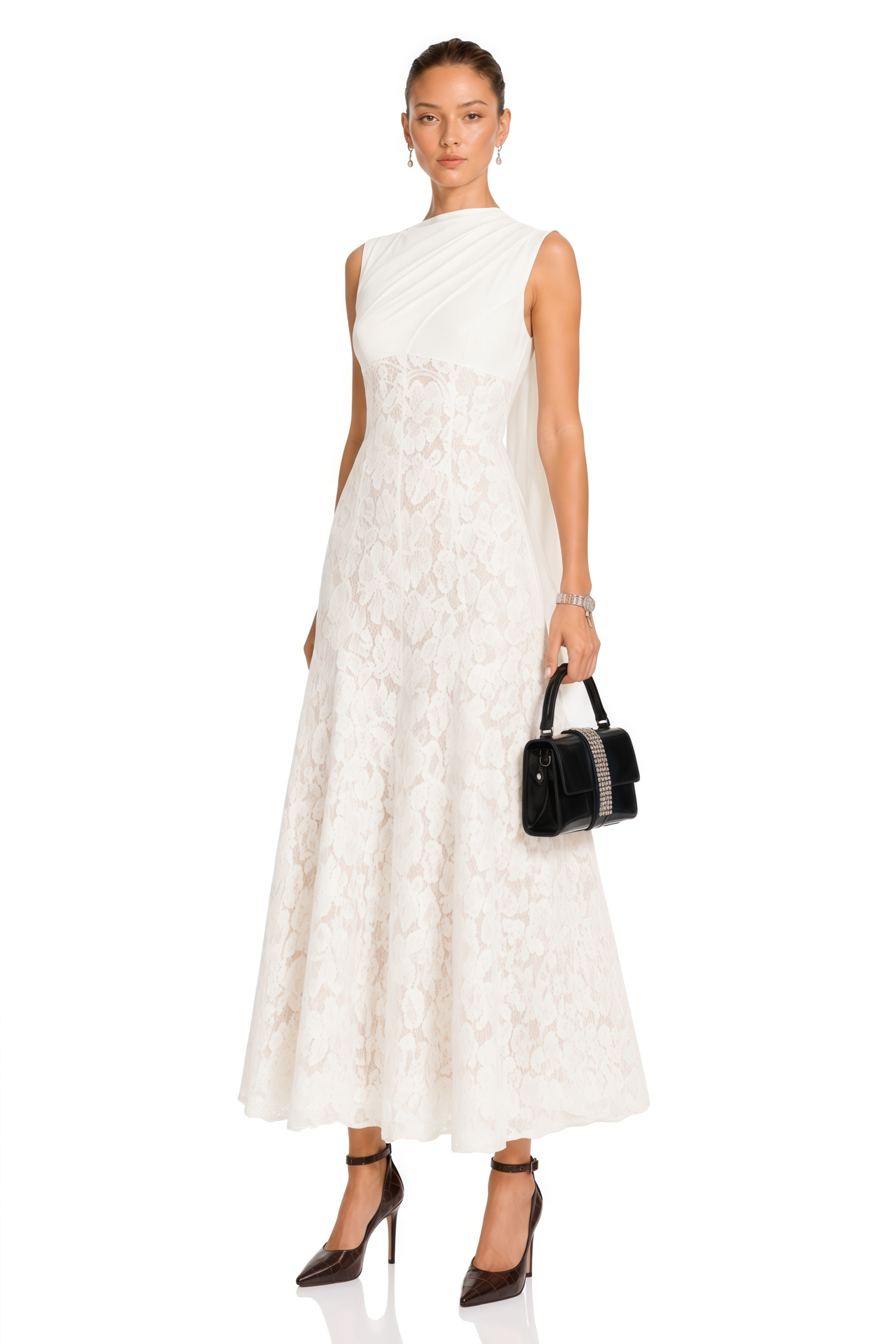 Marzia White Ribbon Detail Floral Lace Maxi Dress