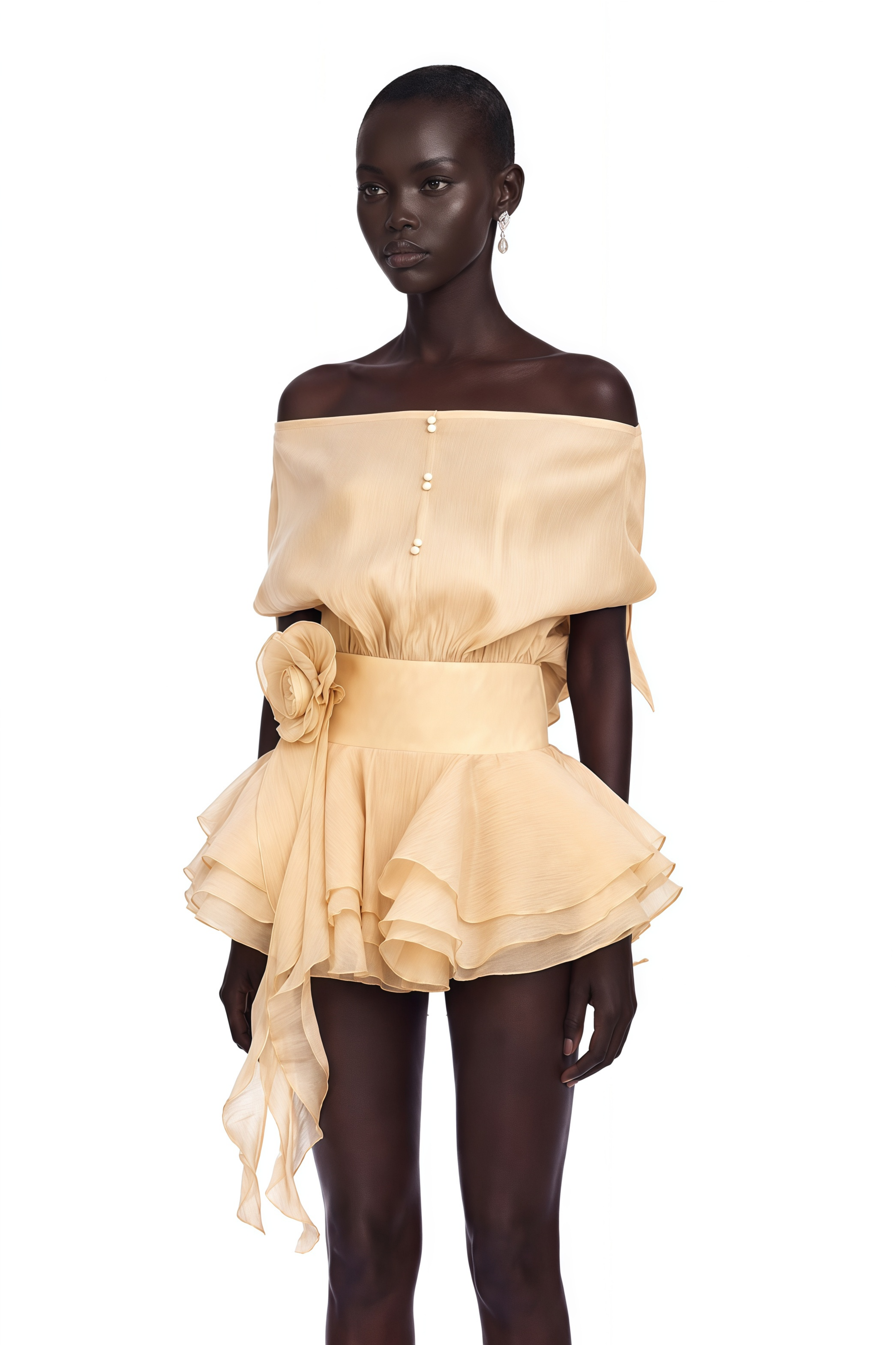 Amélie Floral-Appliqué Flounced Mini Dress in Neutrals