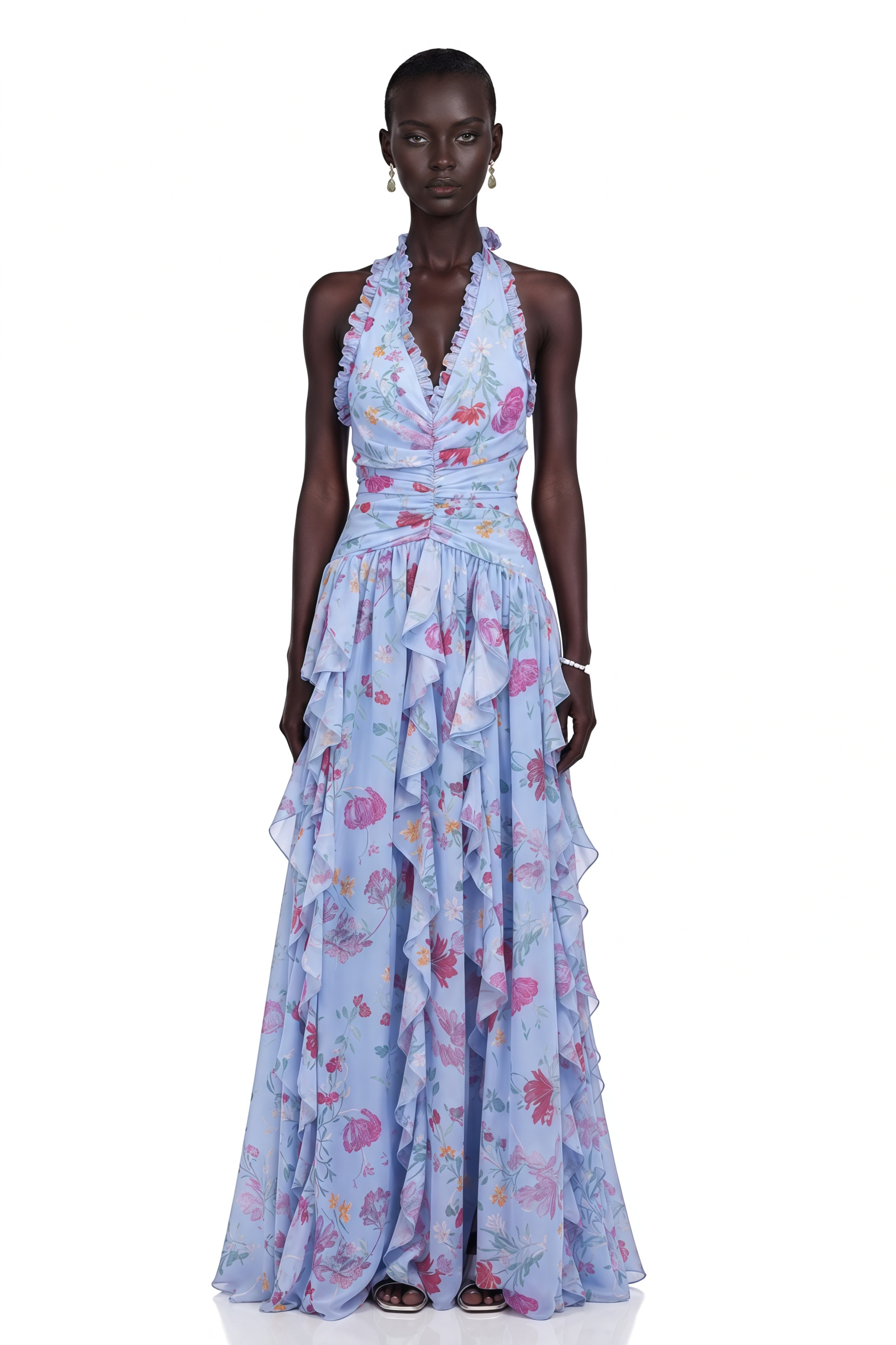 Thaïs Blue Ruffled Floral Print Maxi Dress