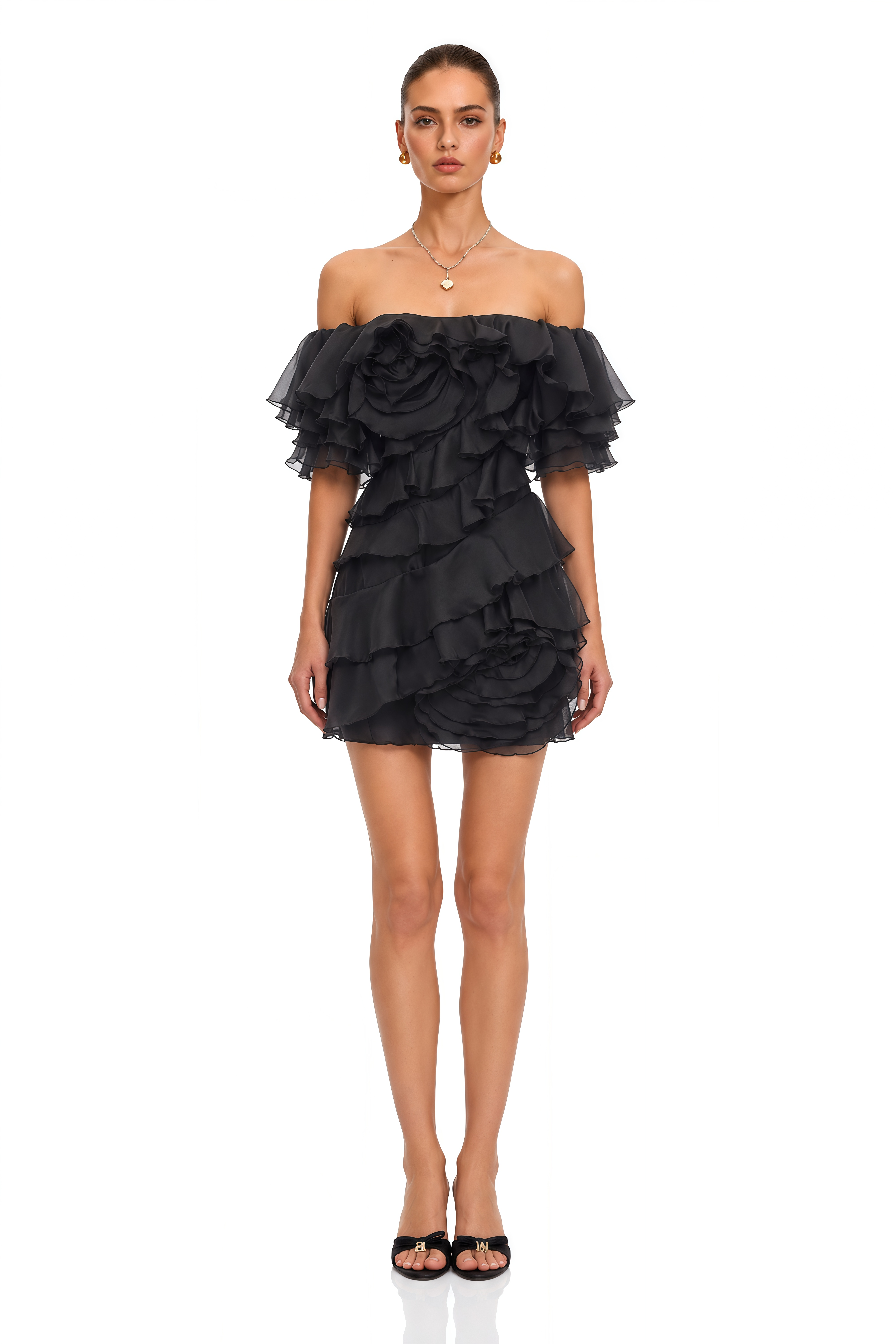 Cerise Asymmetrical Flounce Mini Dress in Black