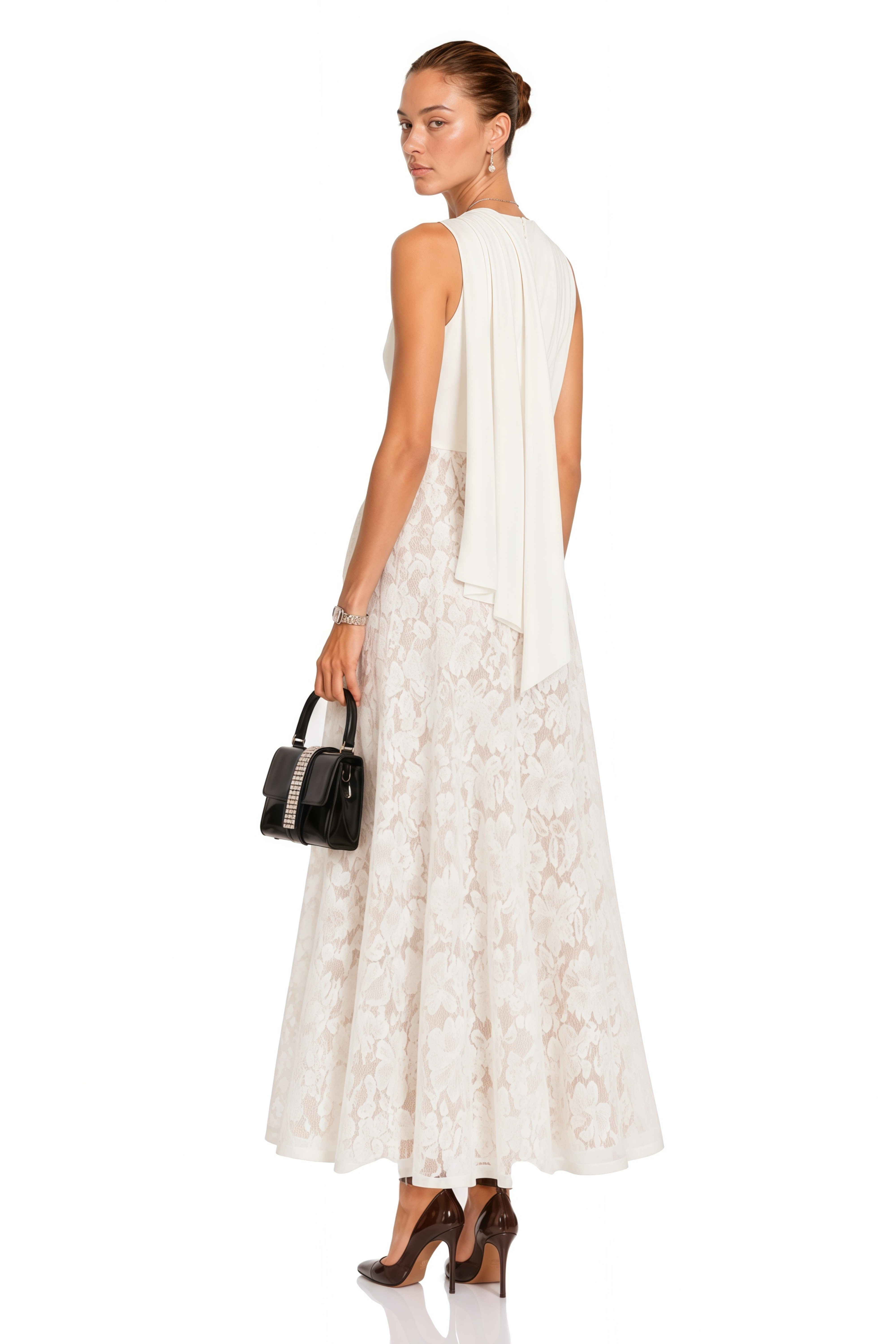 Marzia White Ribbon Detail Floral Lace Maxi Dress