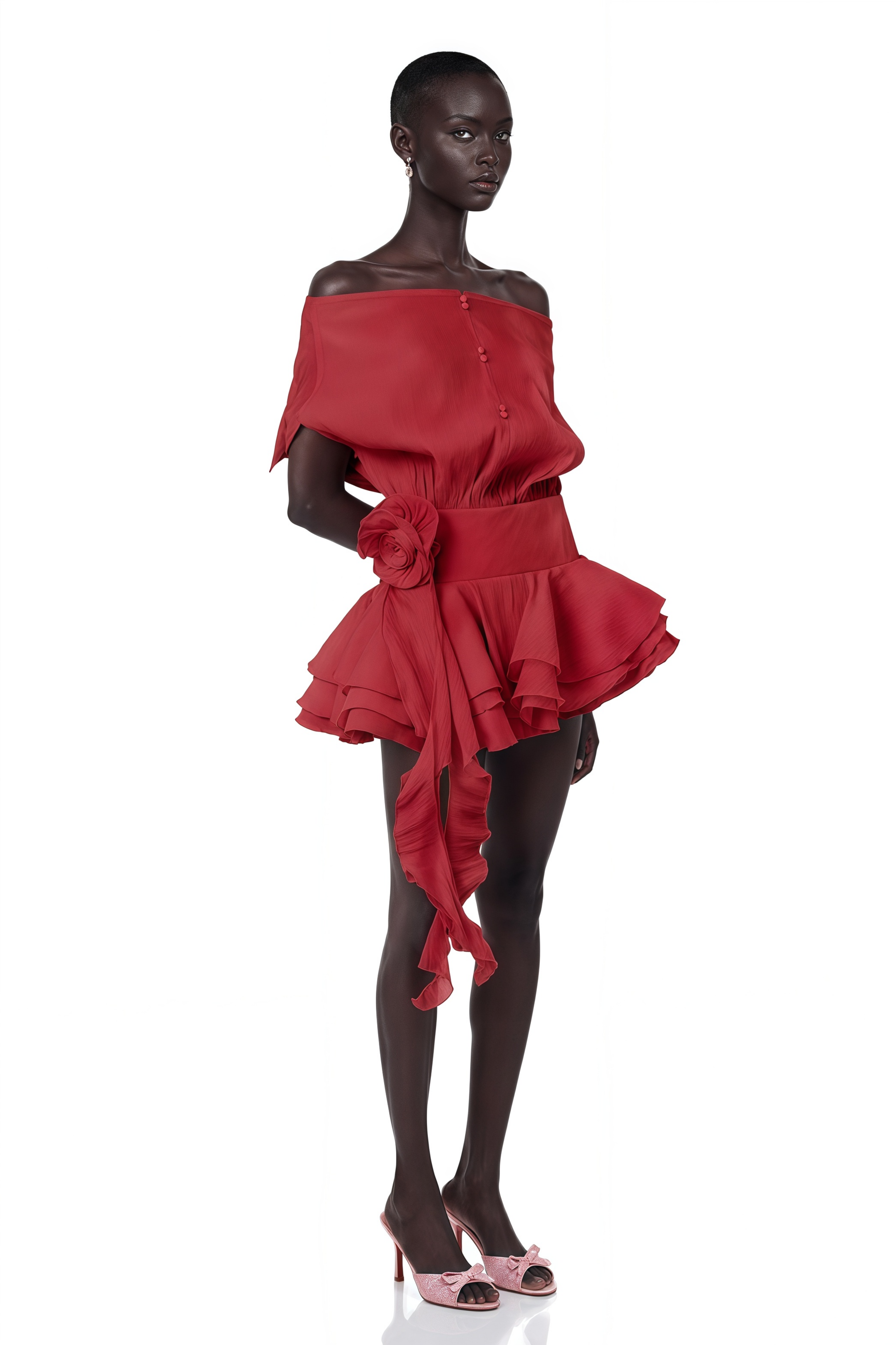 Amélie Red Floral Appliqué Flounced Mini Dress