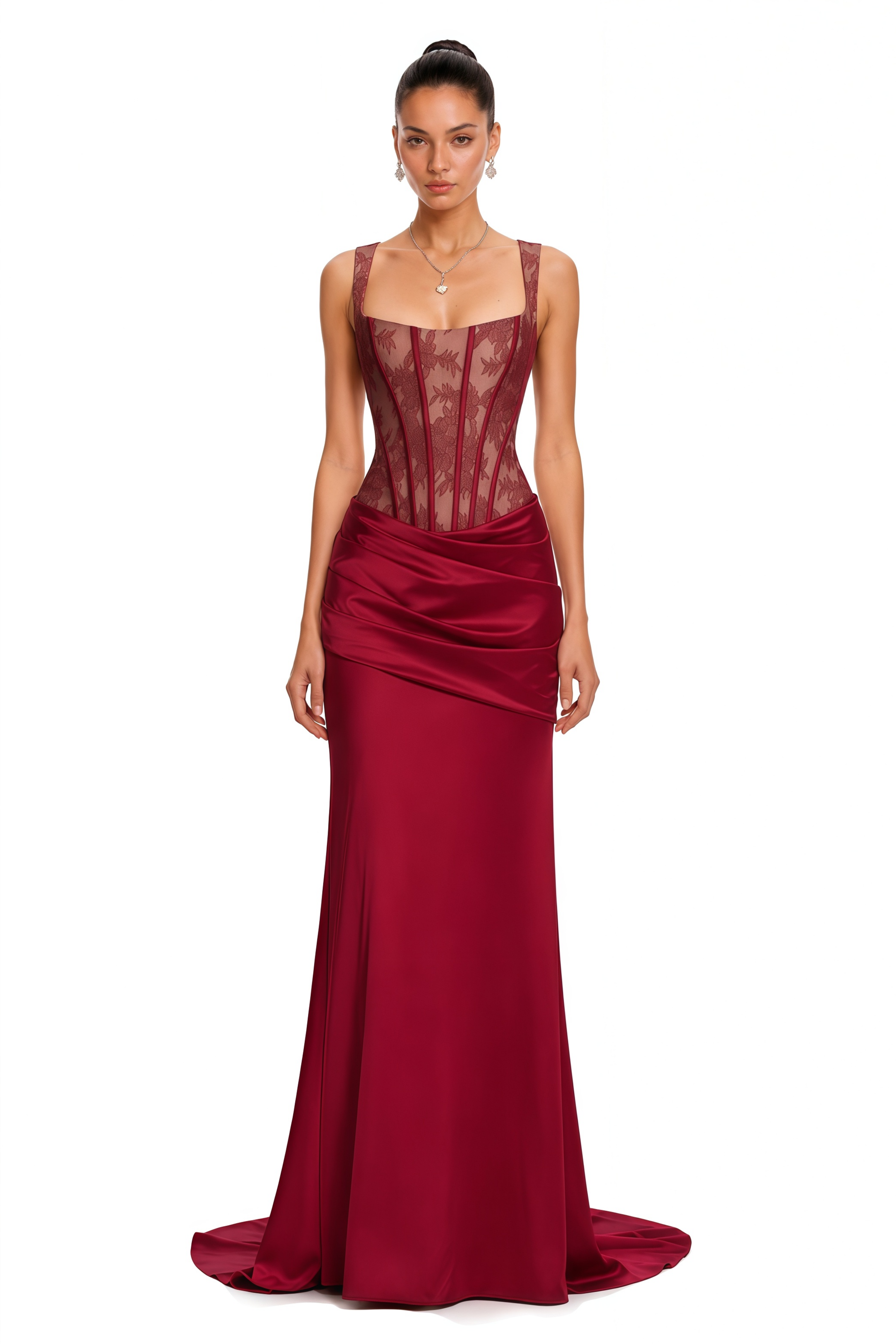 Olesya Red Lace Top & Ruched Skirt Set