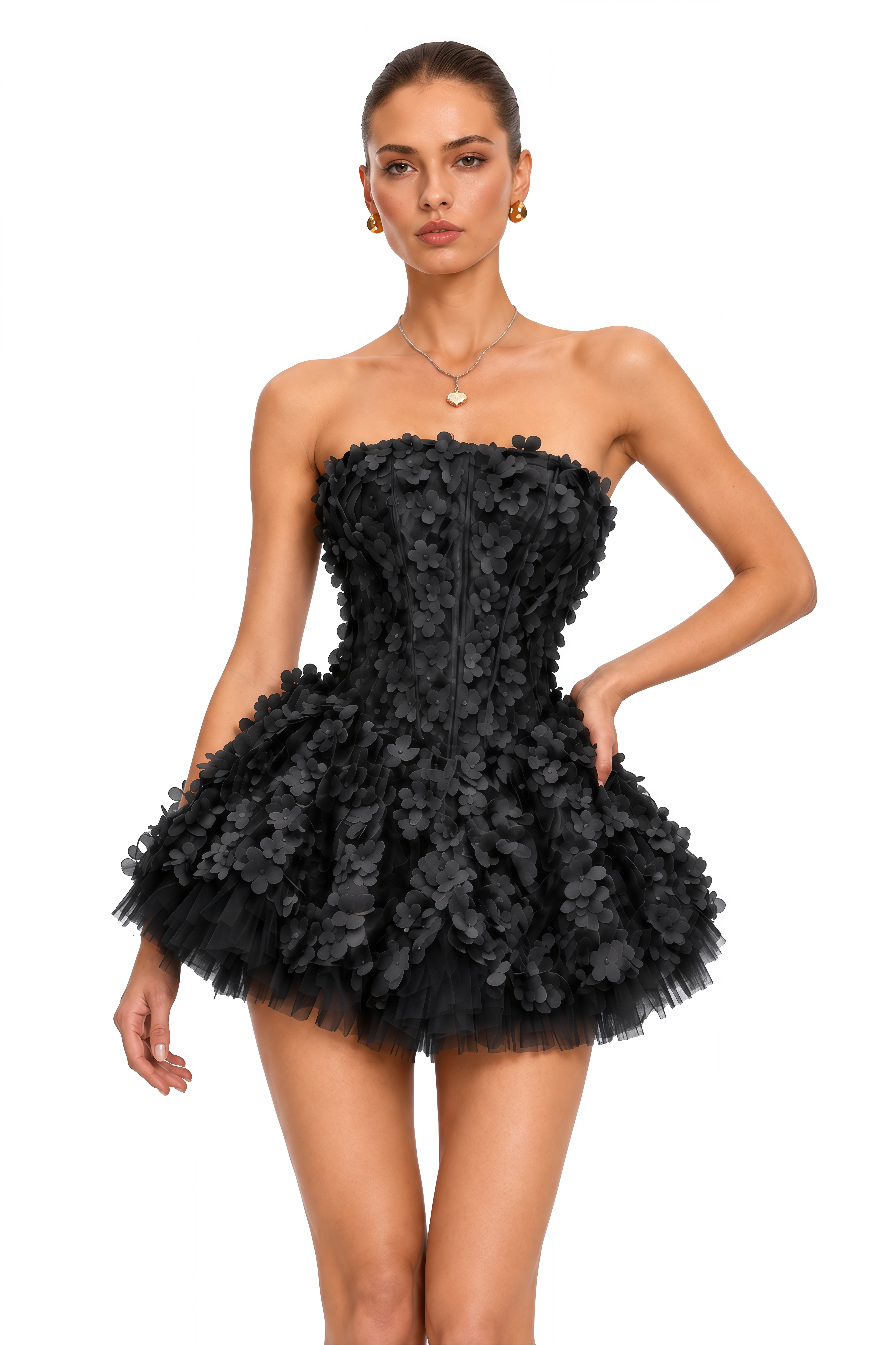 June Black 3D Petal Puff Mini Dress