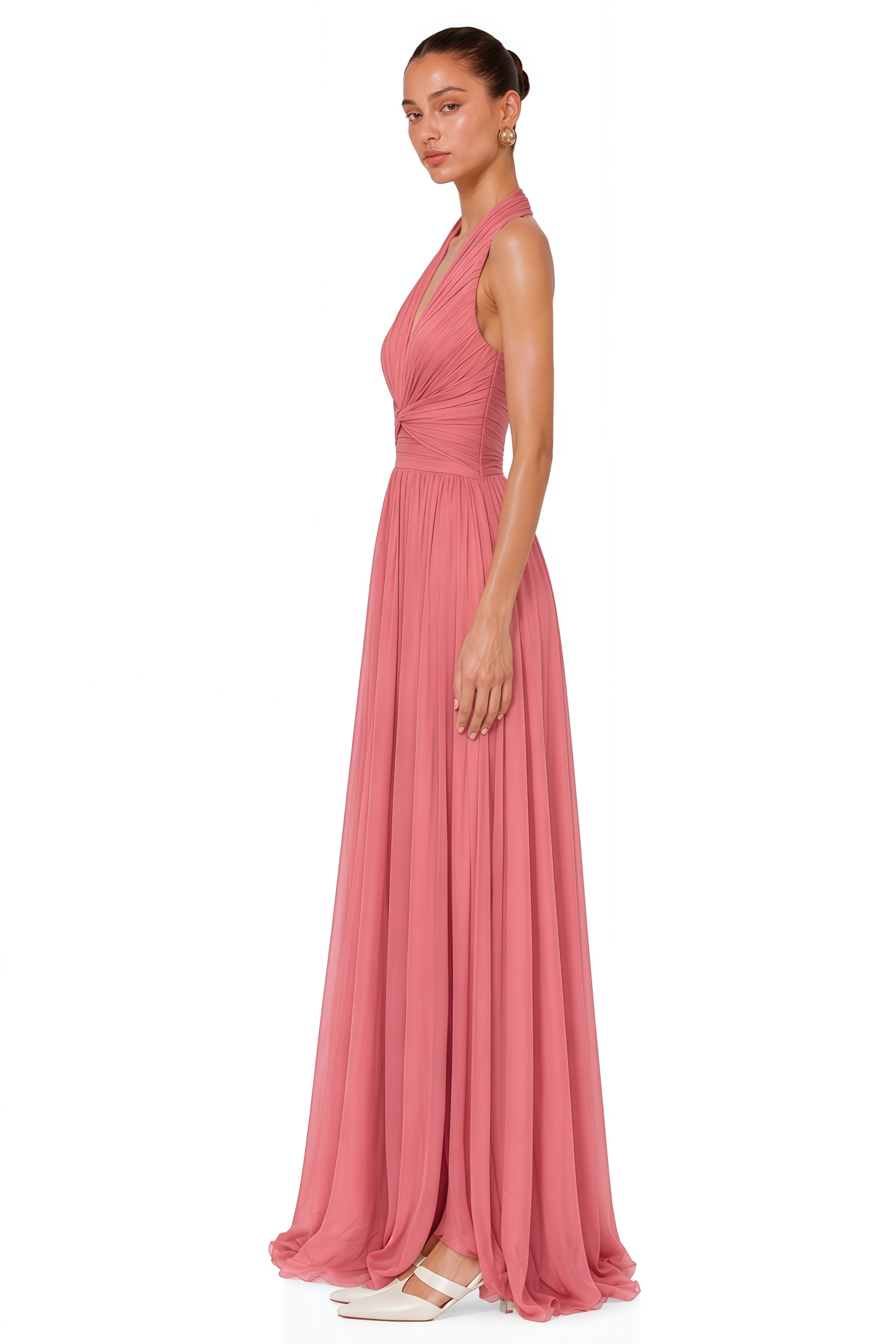 Macioci Pink Halterneck Ruched Maxi Dress with Criss Cross Front