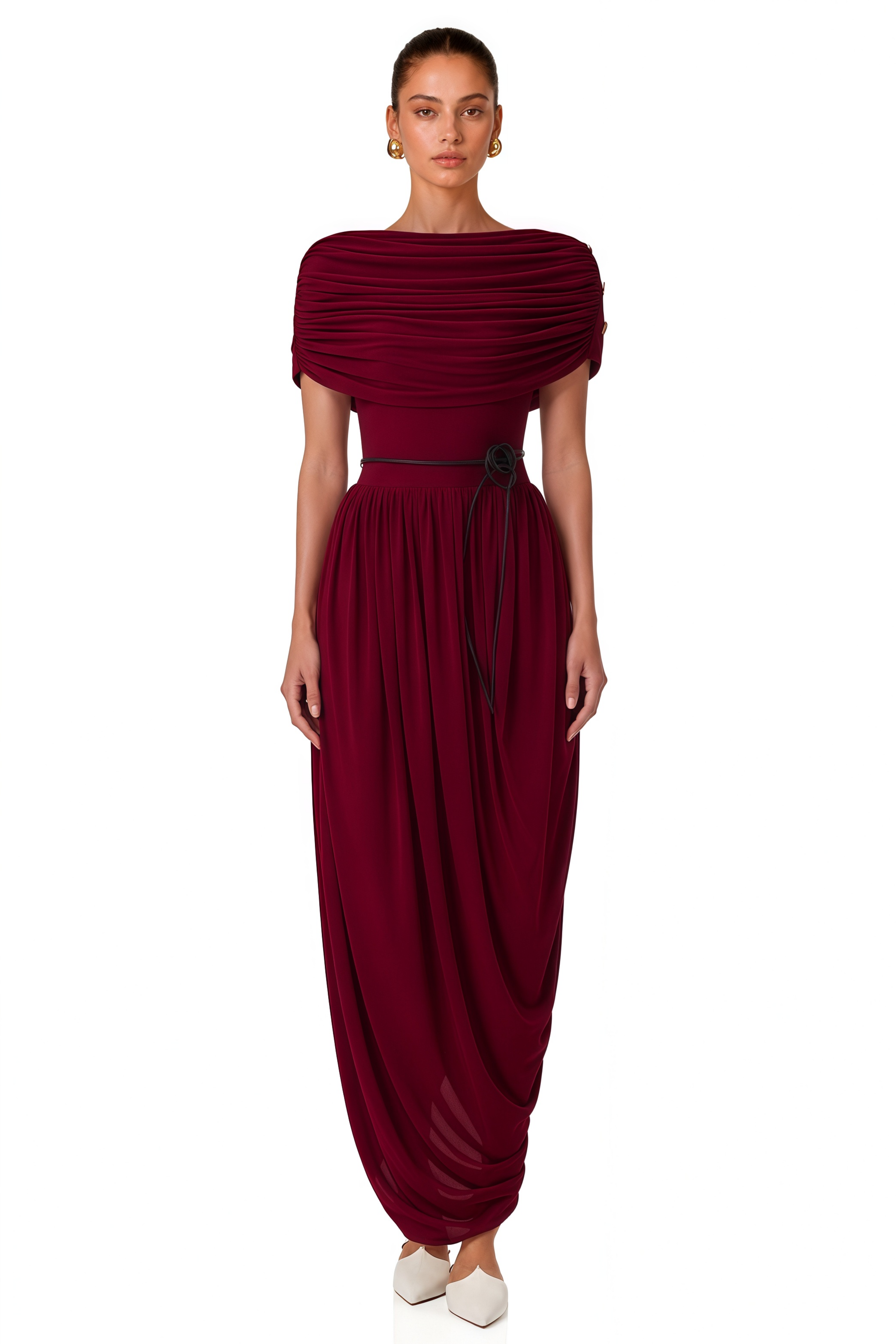 Gianna Burgundy Shawl Design Draped Maxi Dress