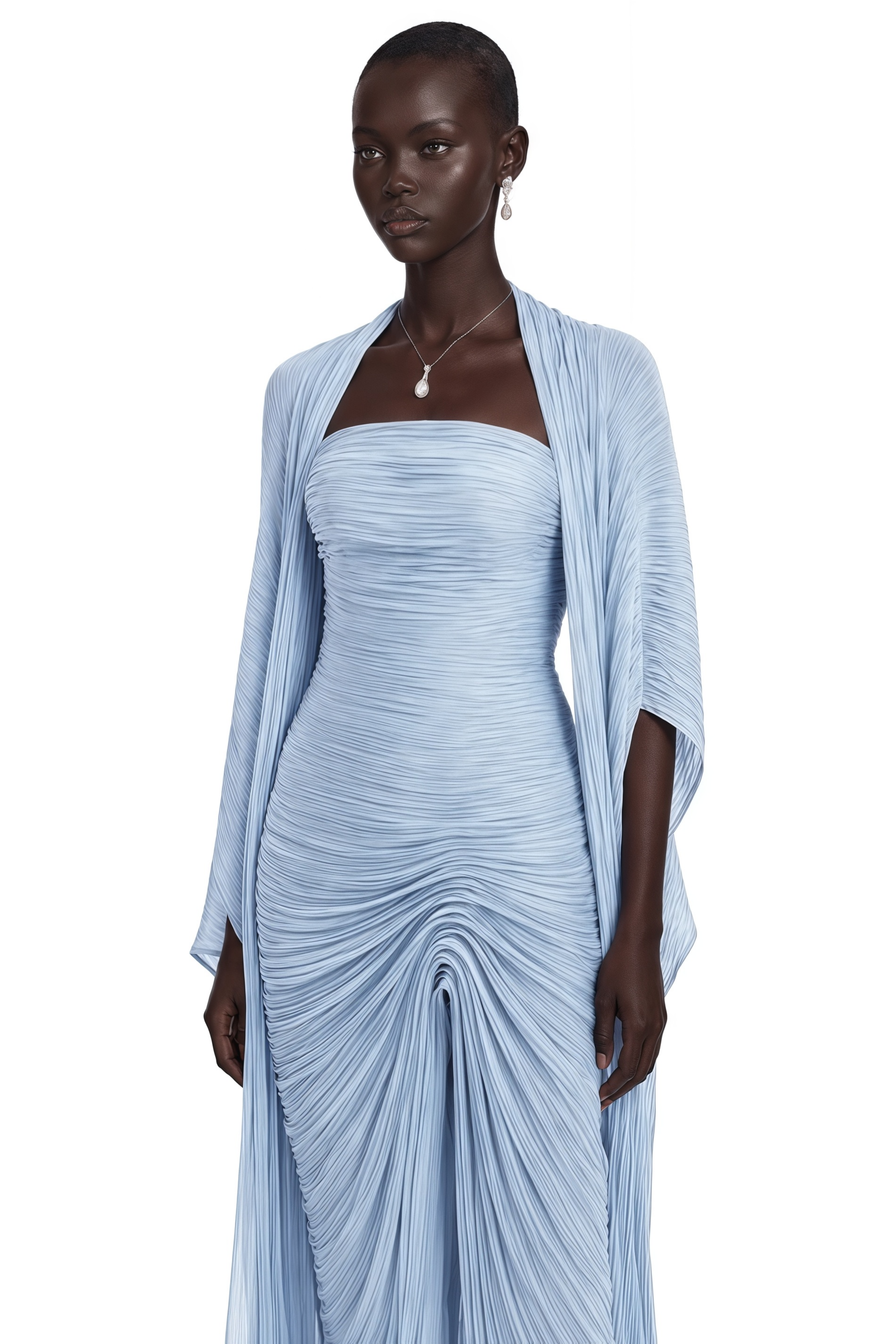 Shifra Blue Asymmetrical Cape Maxi Dress