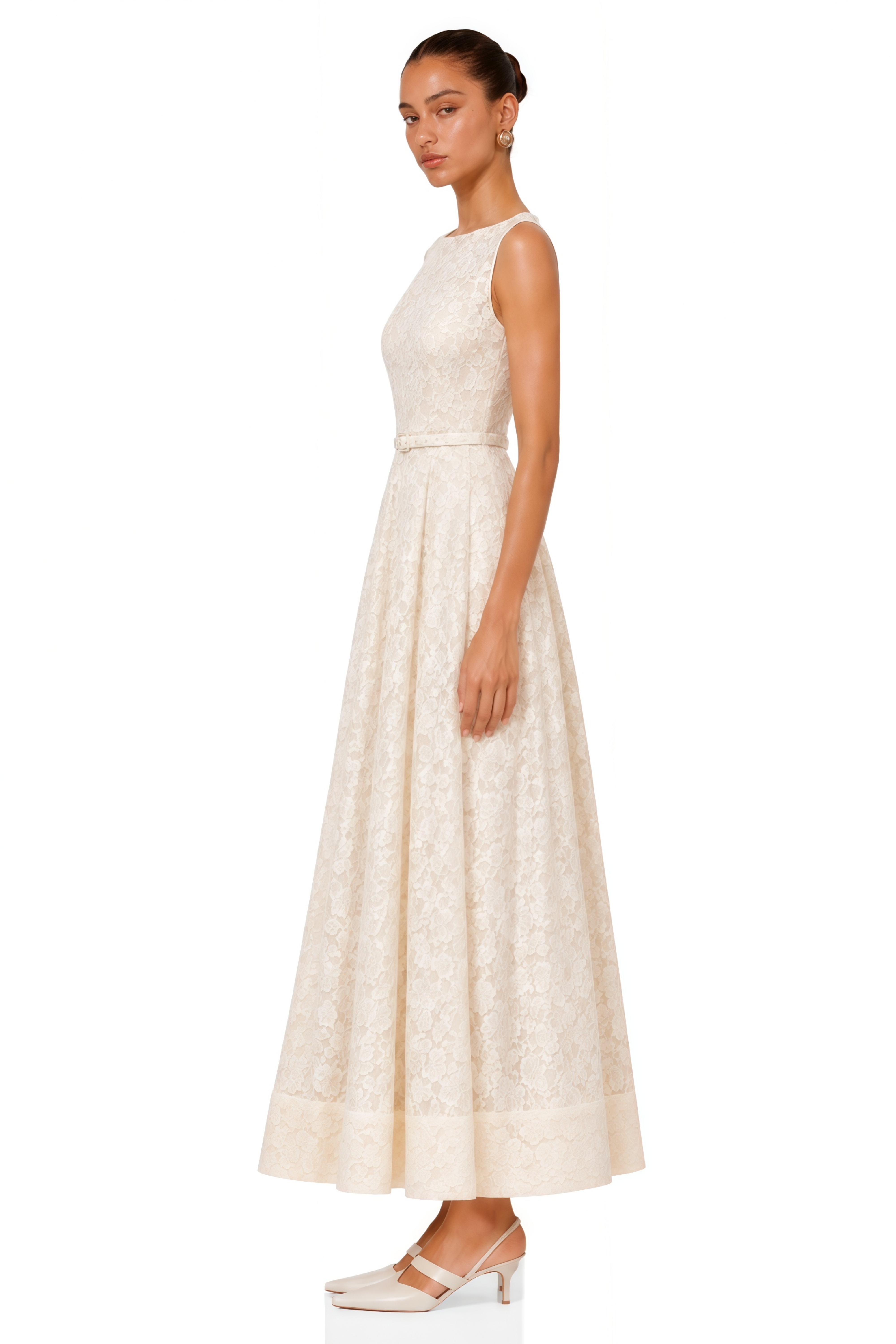Golnar White Sleeveless Floral Lace Maxi Dress